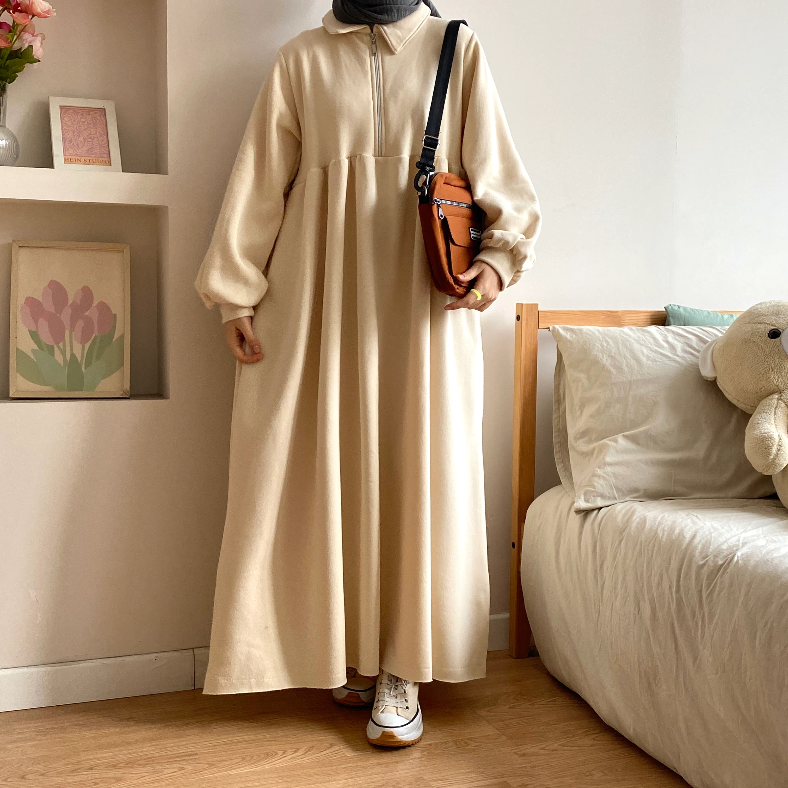 3 İplik Robalı Elbise - Krem