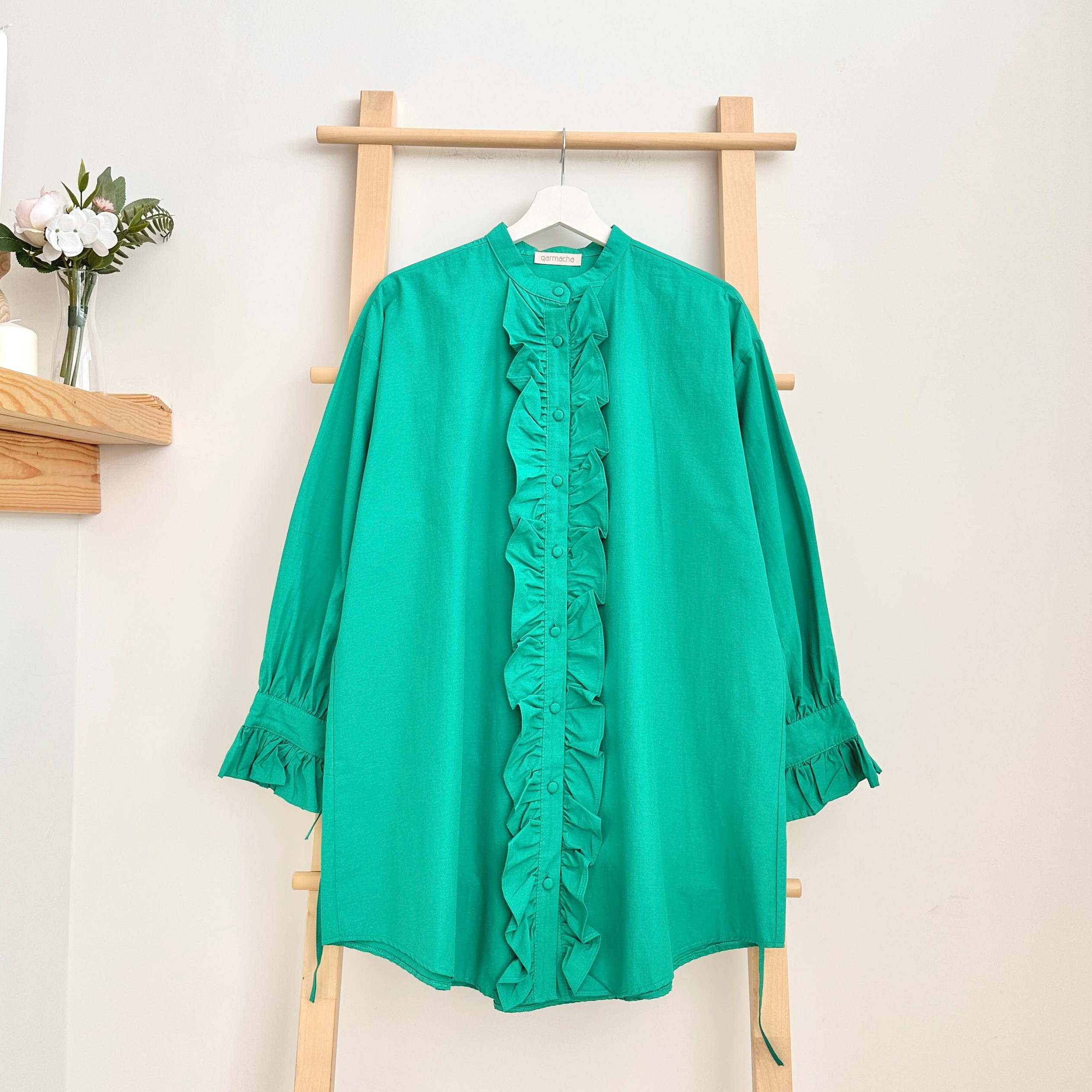 Önü Fırfır Detaylı Tunik Gömlek - Zümrüt Yeşili