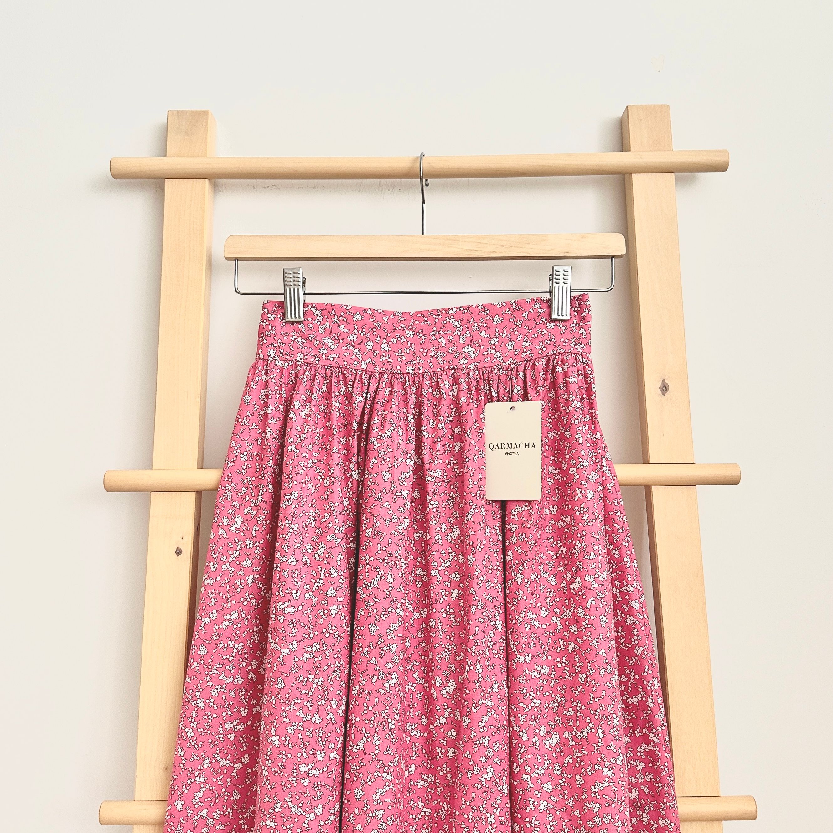 Mini Çiçekli Belden Büzgülü Kloş Etek - Pembe