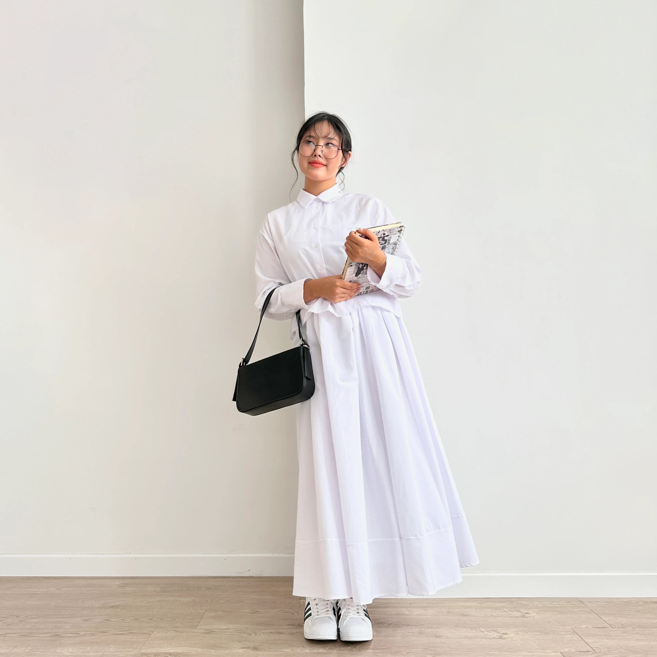 İnce Crop Gömlek & Etek Takım - Beyaz