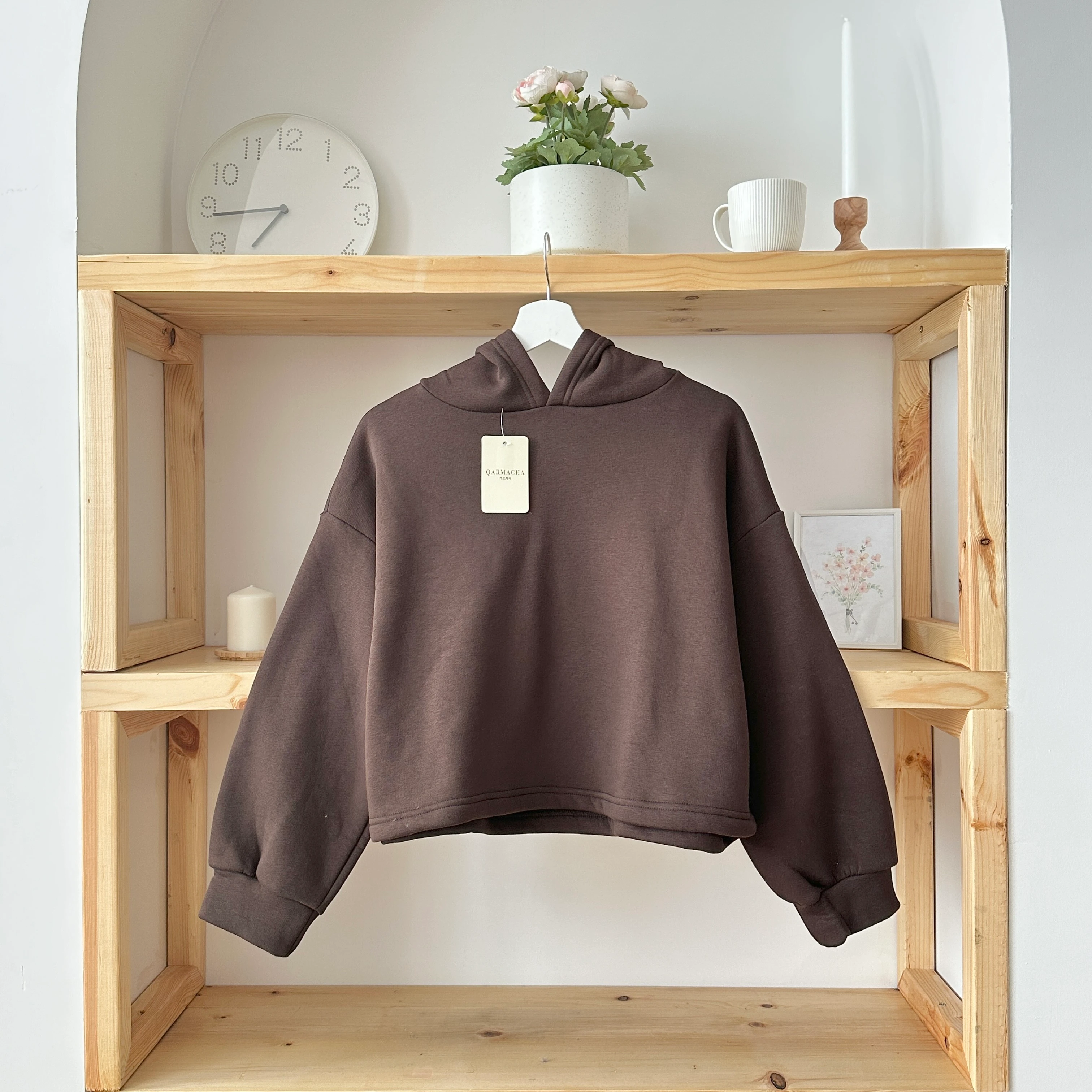 3 İplik Kapüşonlu Crop - Koyu Kahve