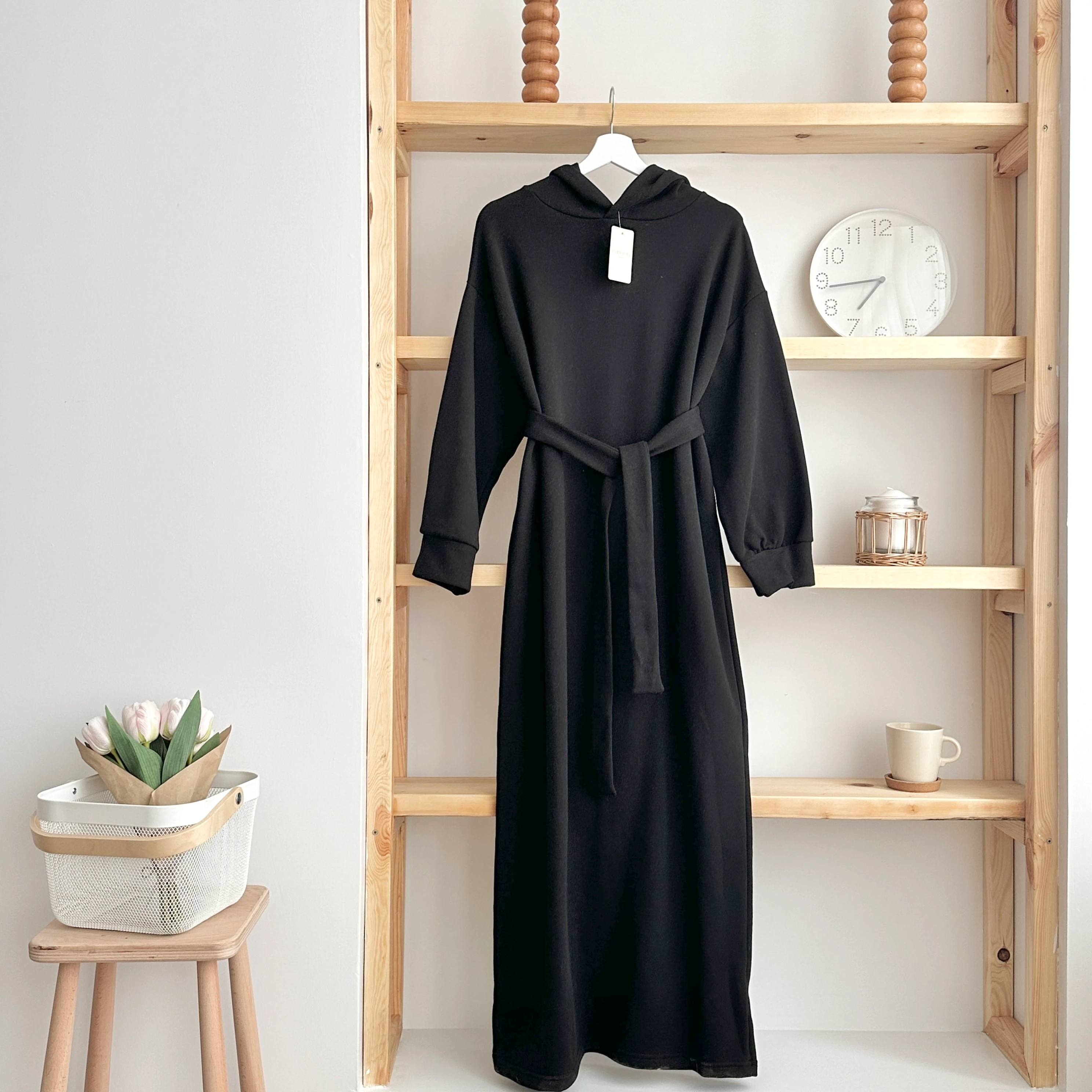 3 İplik Kapüşonlu Sweat Elbise - Siyah