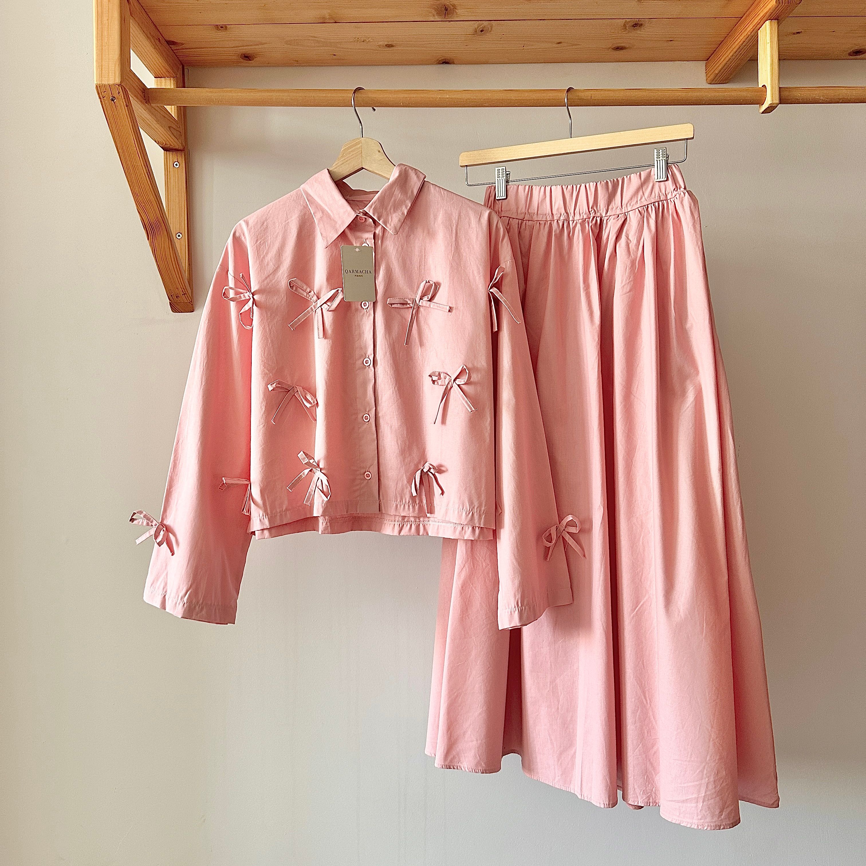 Fiyonk Detay Crop Gömlek & Balon Etek Takım - Pembe