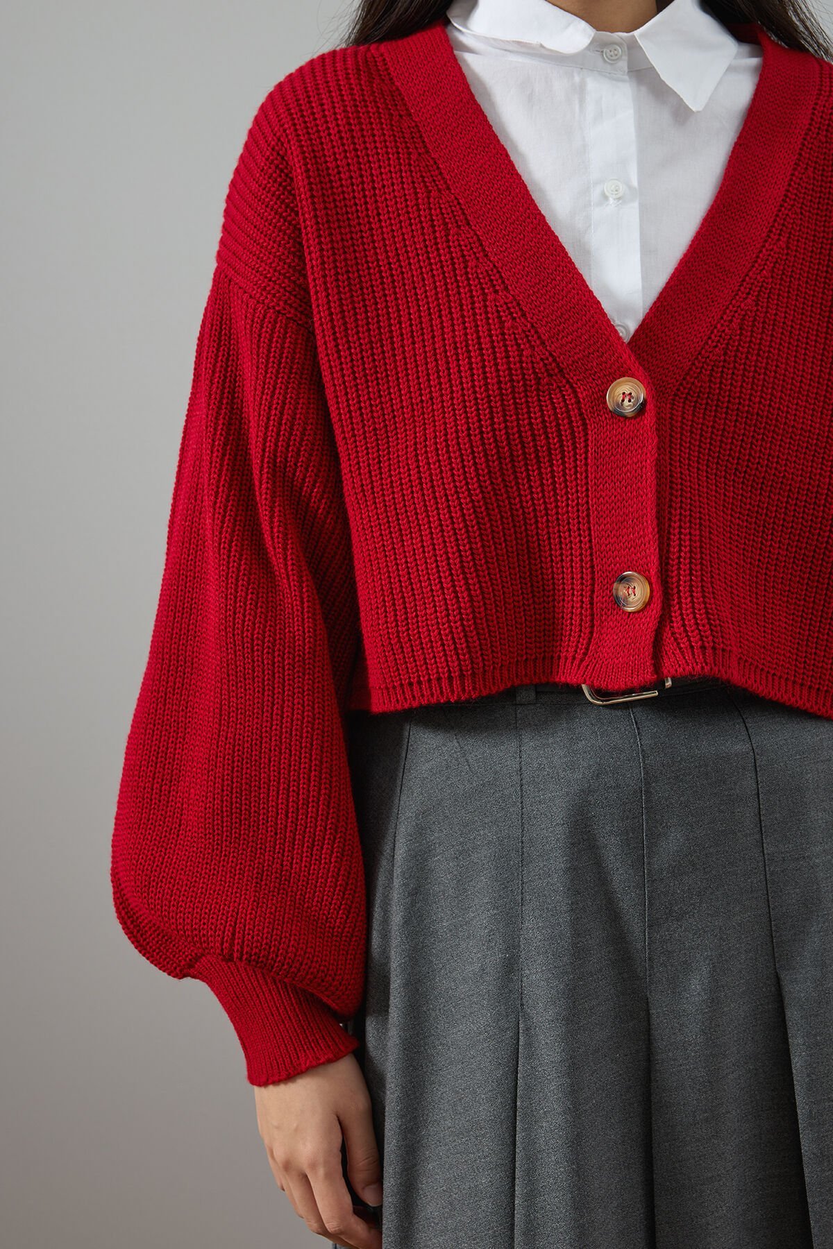 BALON KOL TRİKO CROP HIRKA - Kırmızı