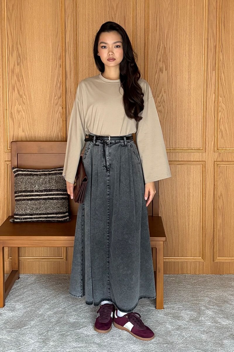 ÖNÜ DÜĞMELİ KOT ETEK - Antrasit