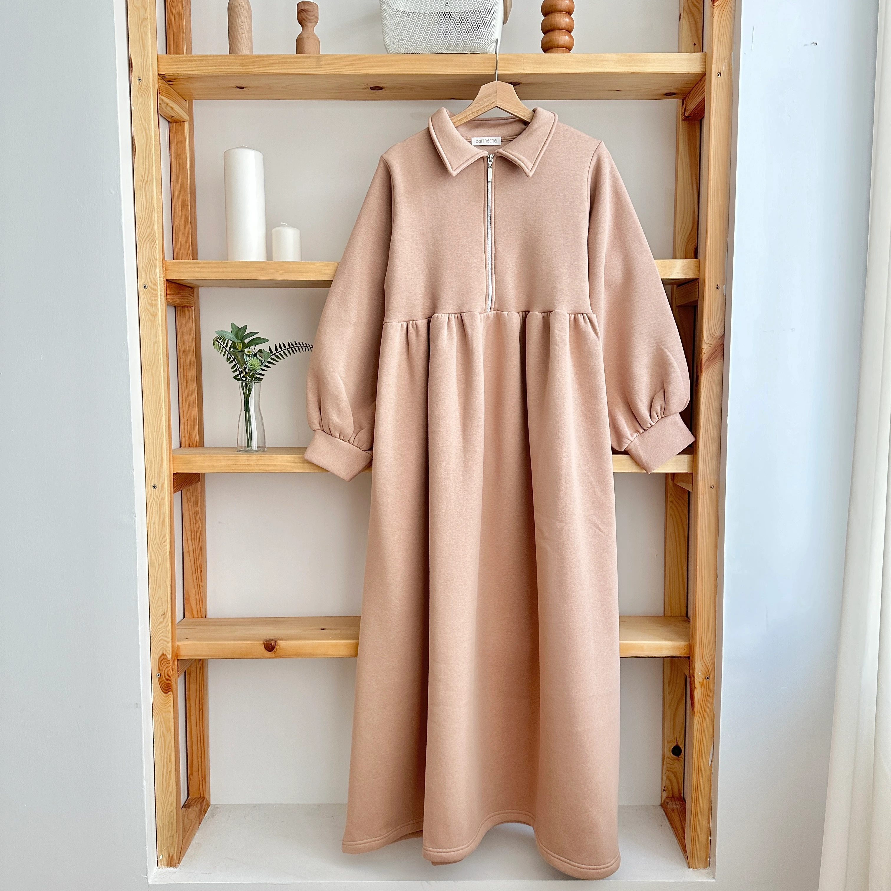 3 İplik Robalı Elbise - Vizon