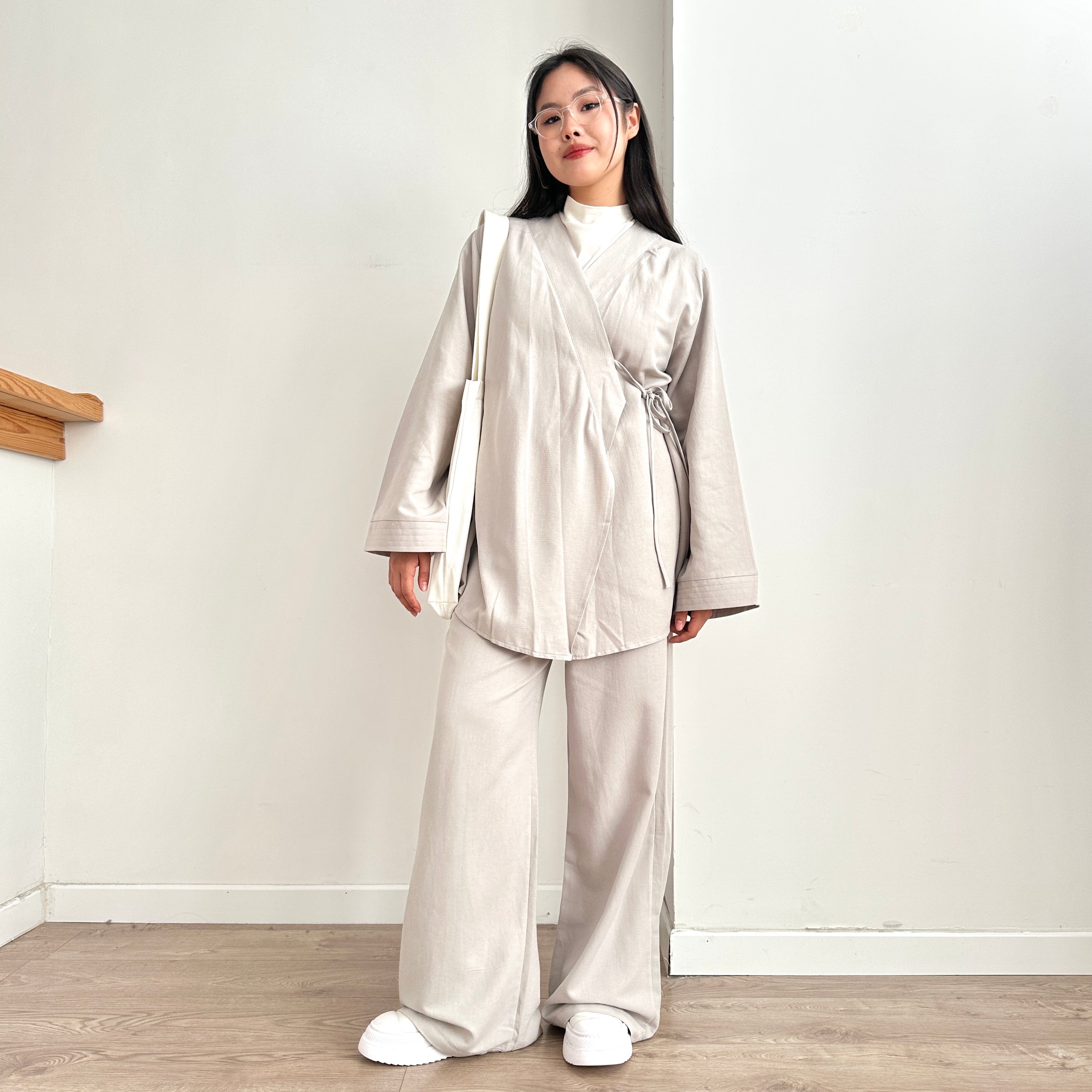 Belden Bağlamalı Keten Kimono & Pantolon Takım - Küllü Gri