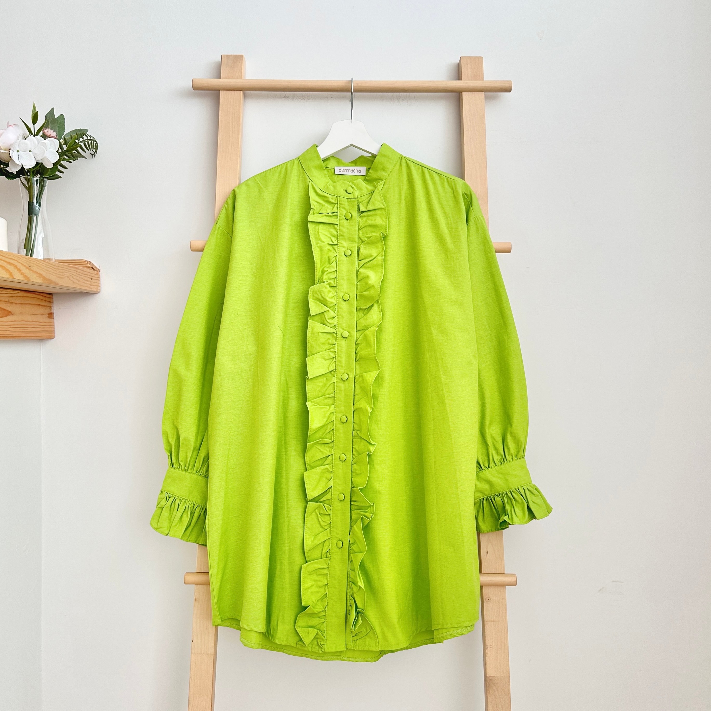 Önü Fırfır Detaylı Tunik Gömlek - Yağ Yeşili