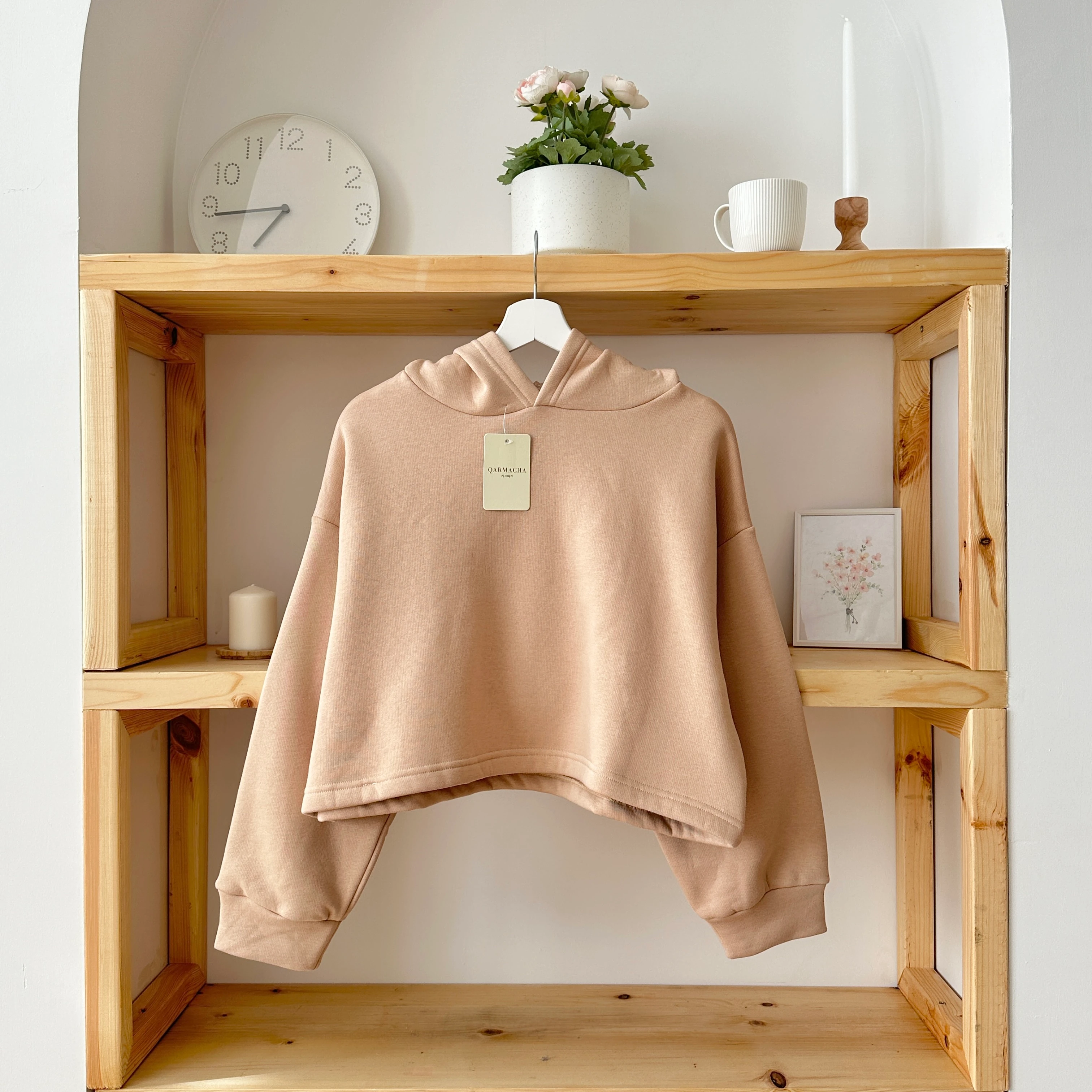 3 İplik Kapüşonlu Crop - Vizon