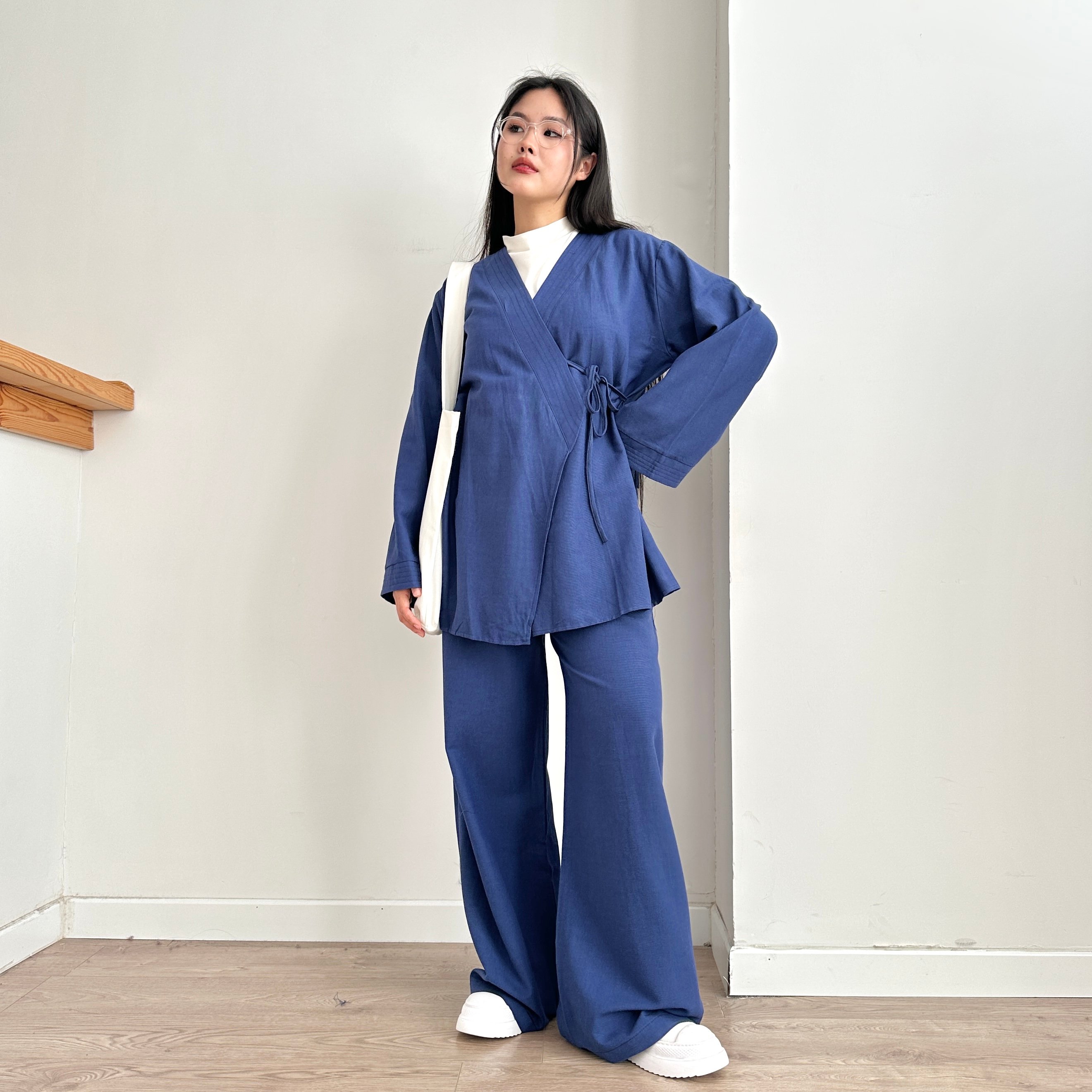 Belden Bağlamalı Keten Kimono & Pantolon Takım - Saks Mavisi