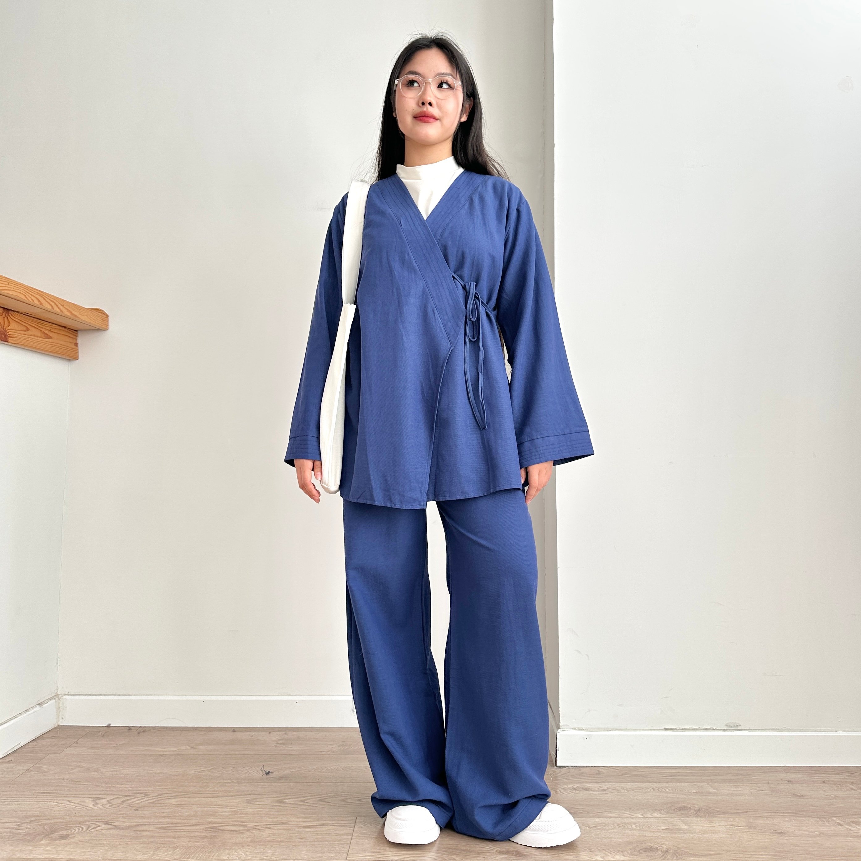 Belden Bağlamalı Keten Kimono & Pantolon Takım - Saks Mavisi