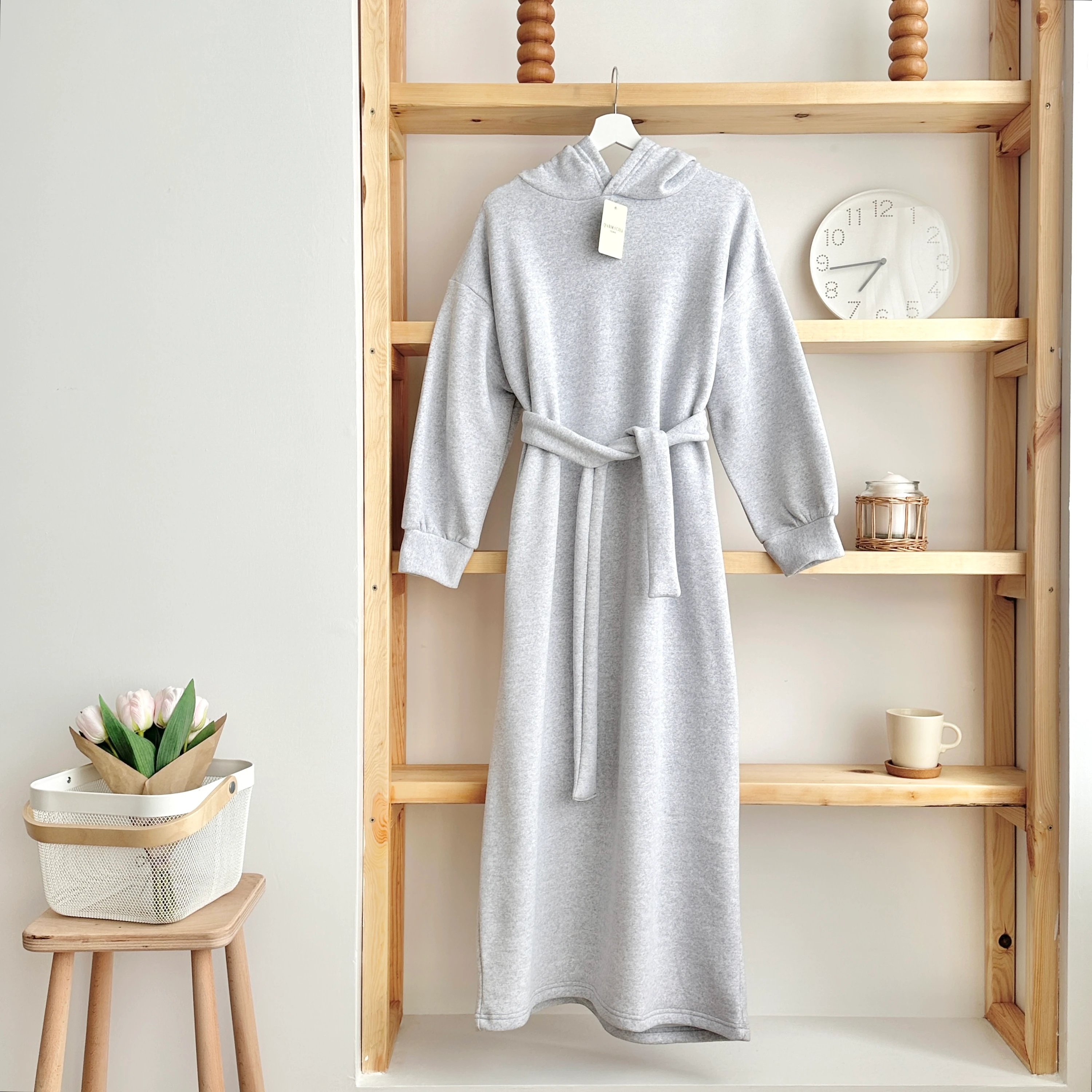 3 İplik Kapüşonlu Sweat Elbise - Gri