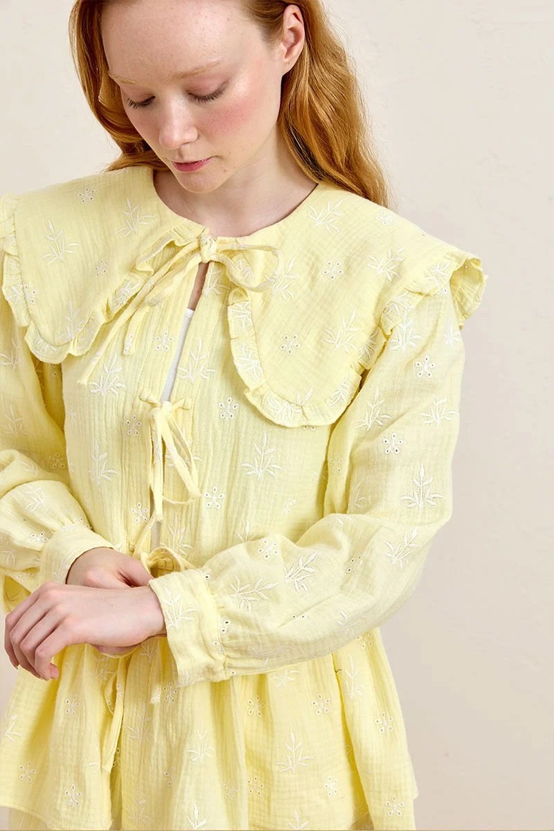  Fistolu Müslin Robalı Fiyonklu Tunik - Limon Sarısı