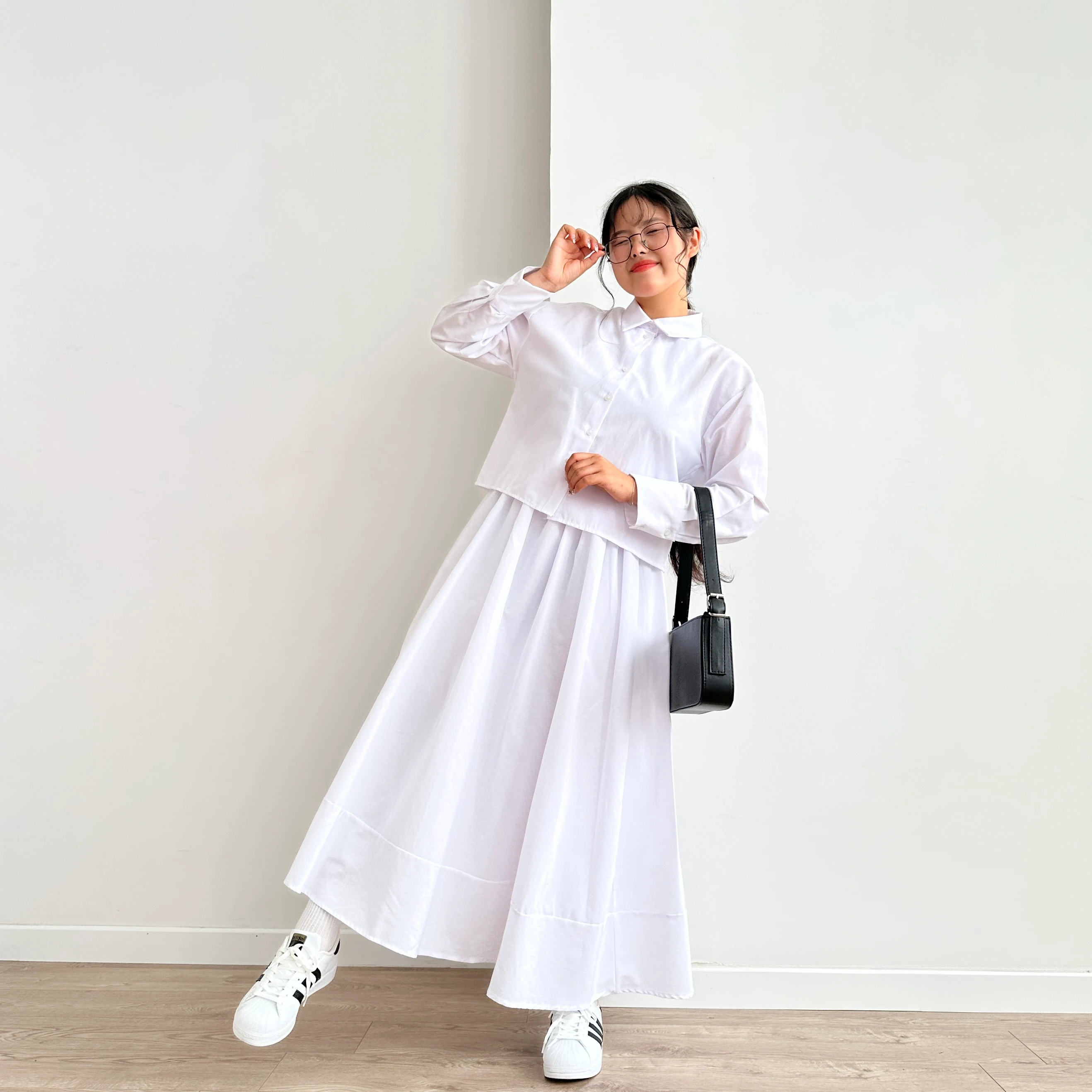 İnce Crop Gömlek & Etek Takım - Beyaz