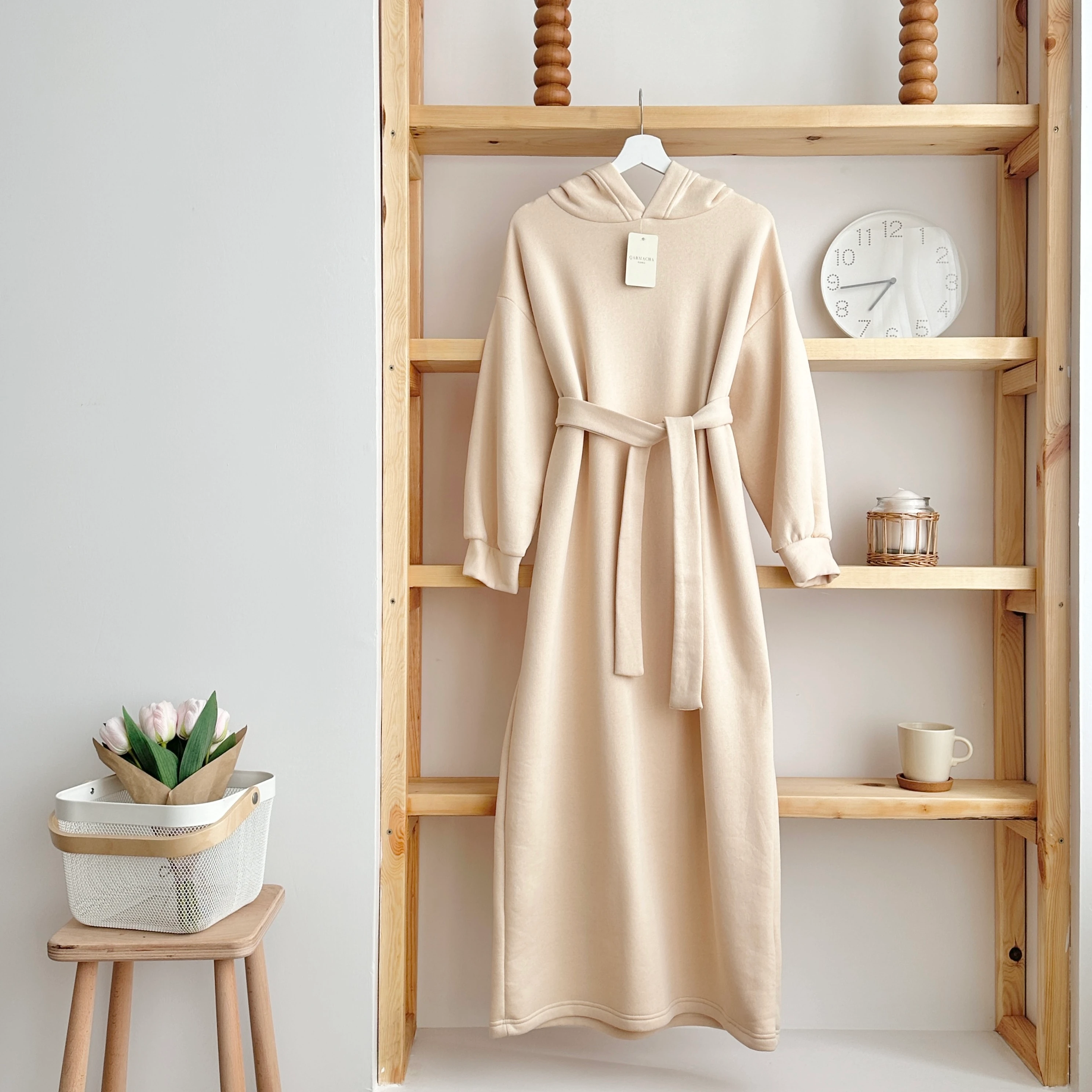 3 İplik Kapüşonlu Sweat Elbise - Krem