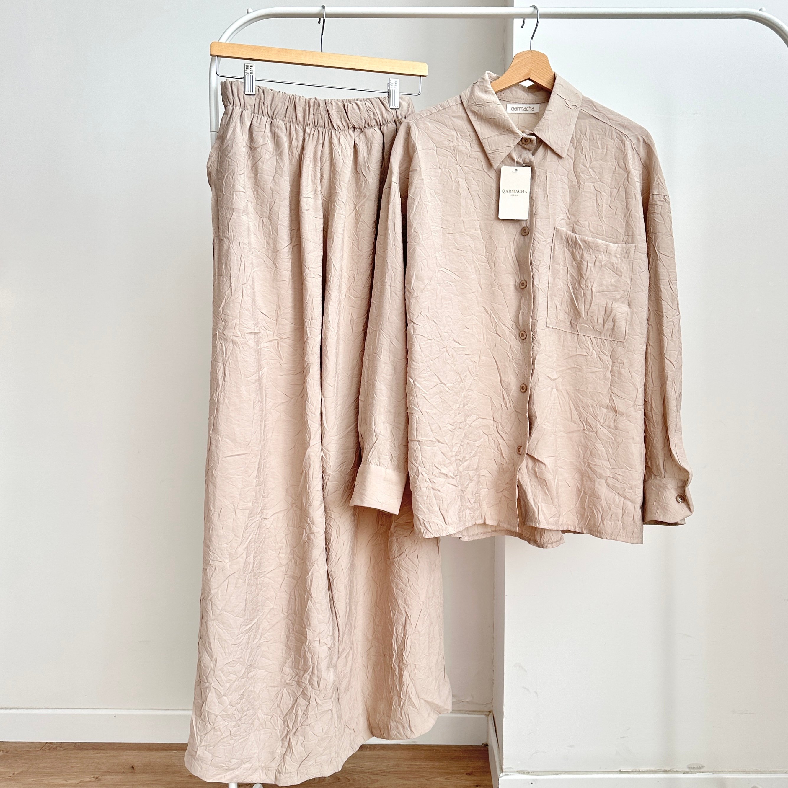 Kırışık Tunik Pantolon Takım - Krem