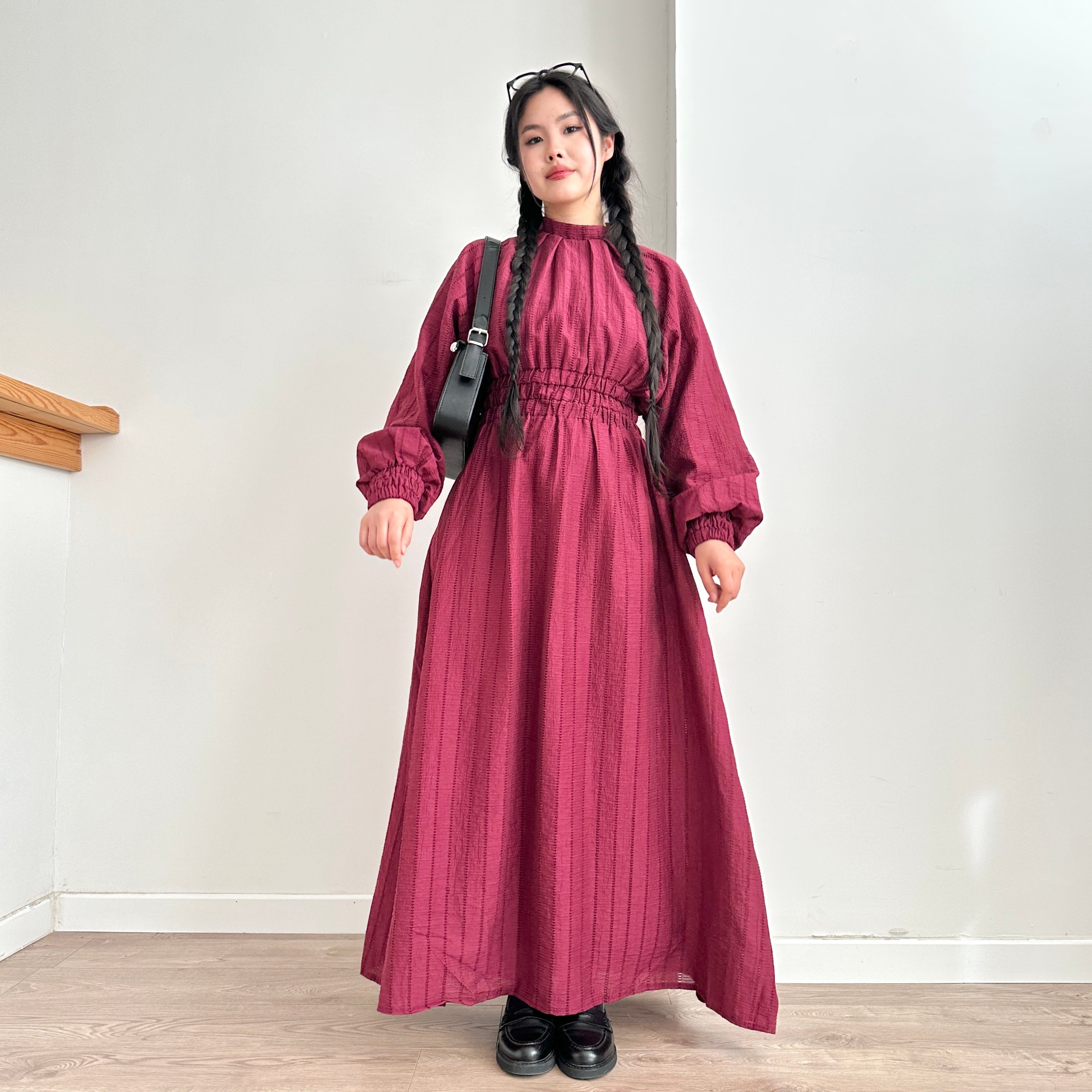 Belden Büzgülü Elbise - Bordo