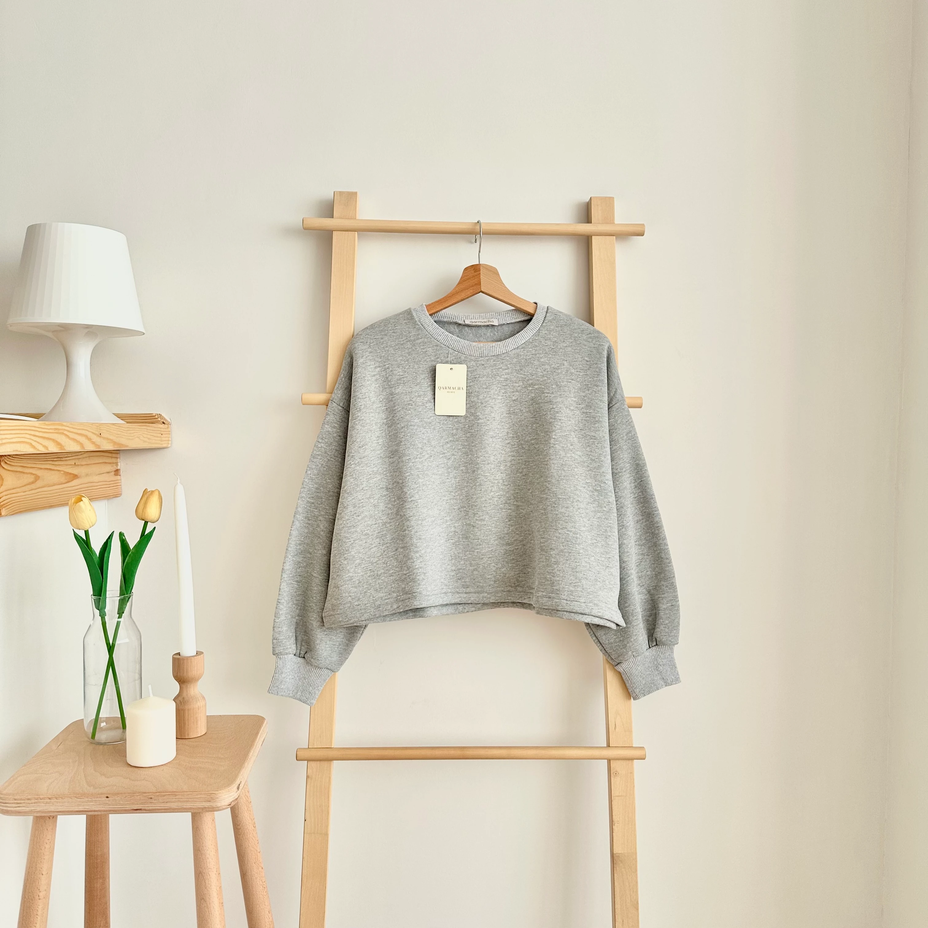 3 İplik Düz Crop - Gri