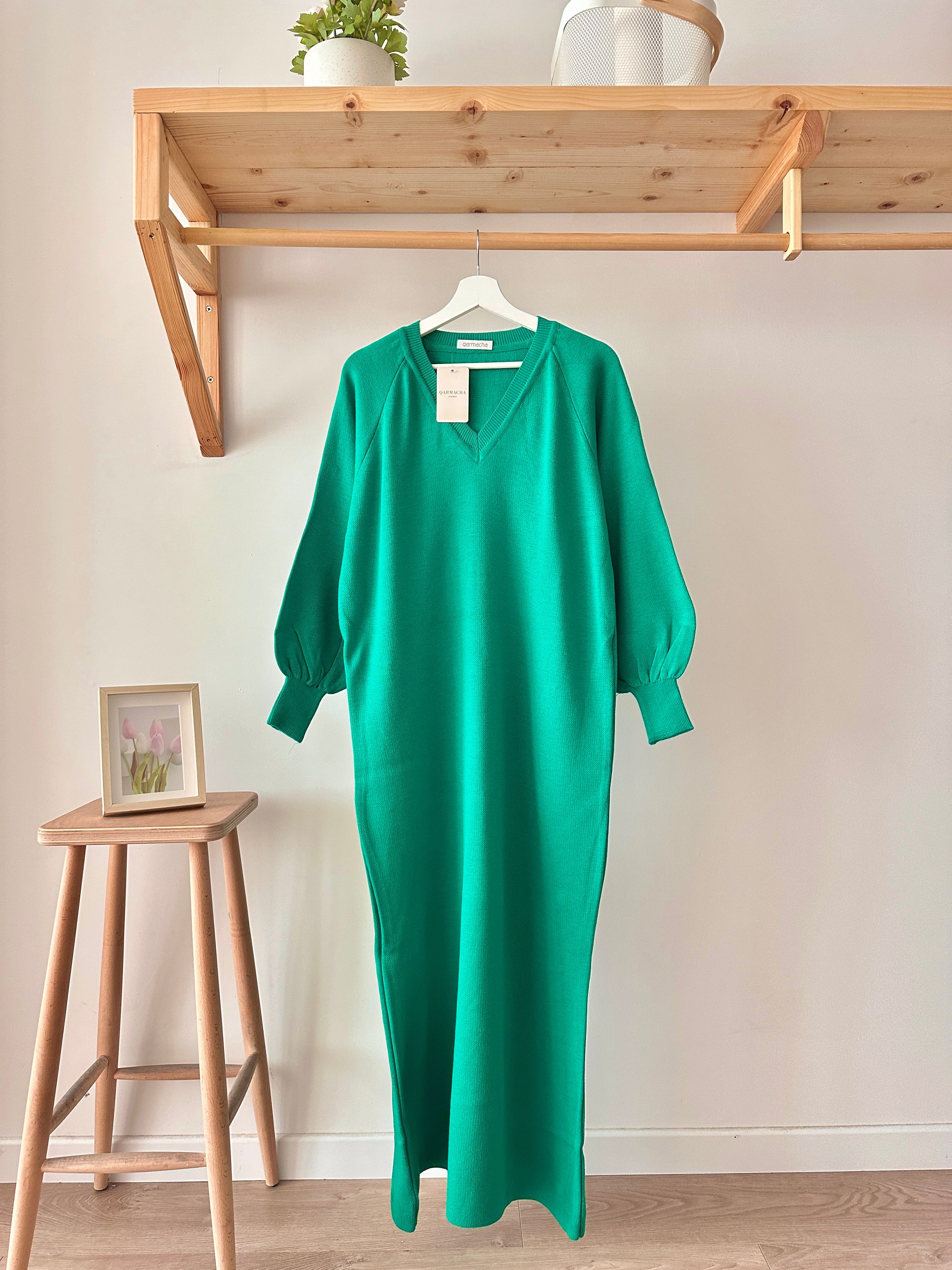 V Yaka Balon Kol Triko Elbise - Yeşil