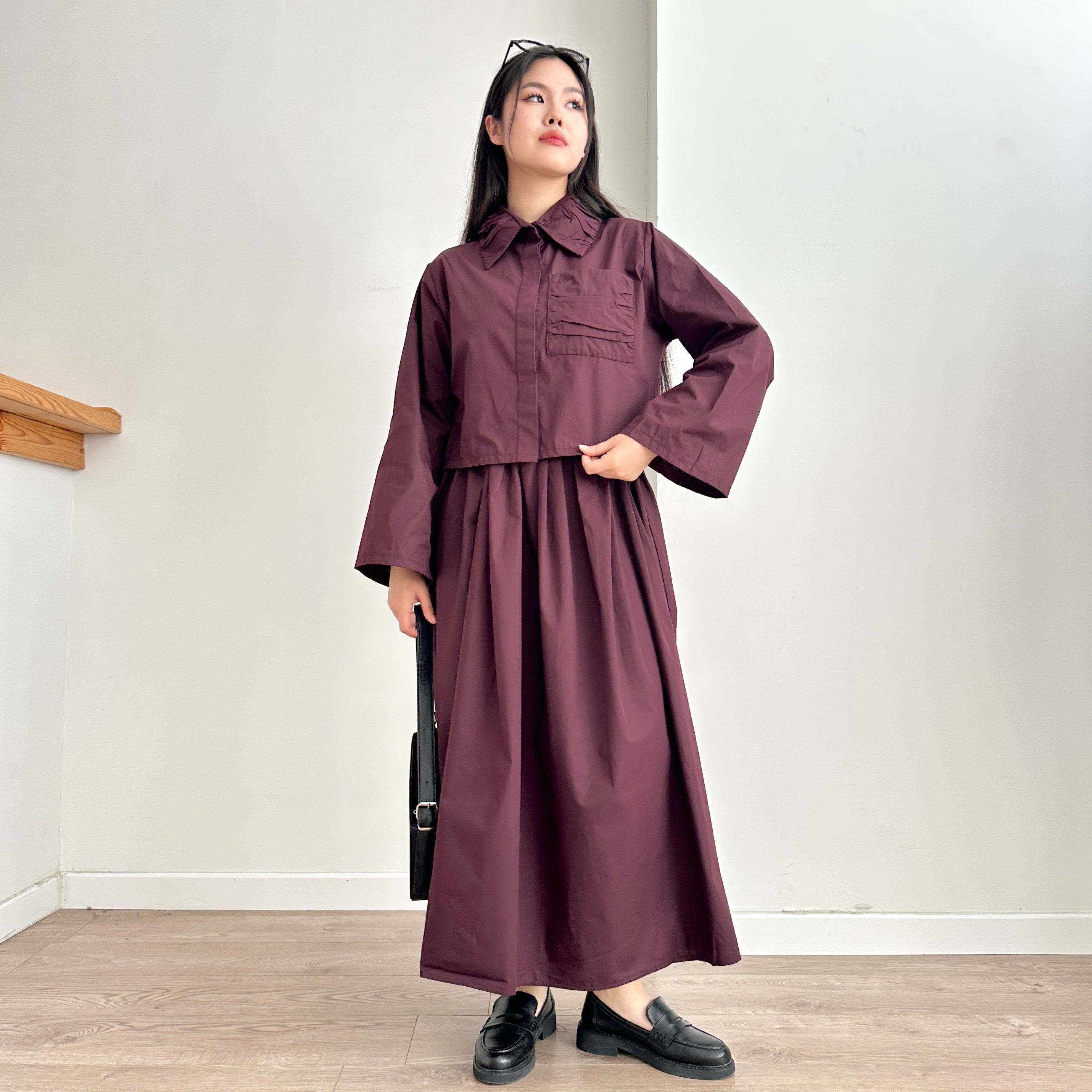 Buruşuk Yaka Crop & Etek Takım - Mürdüm