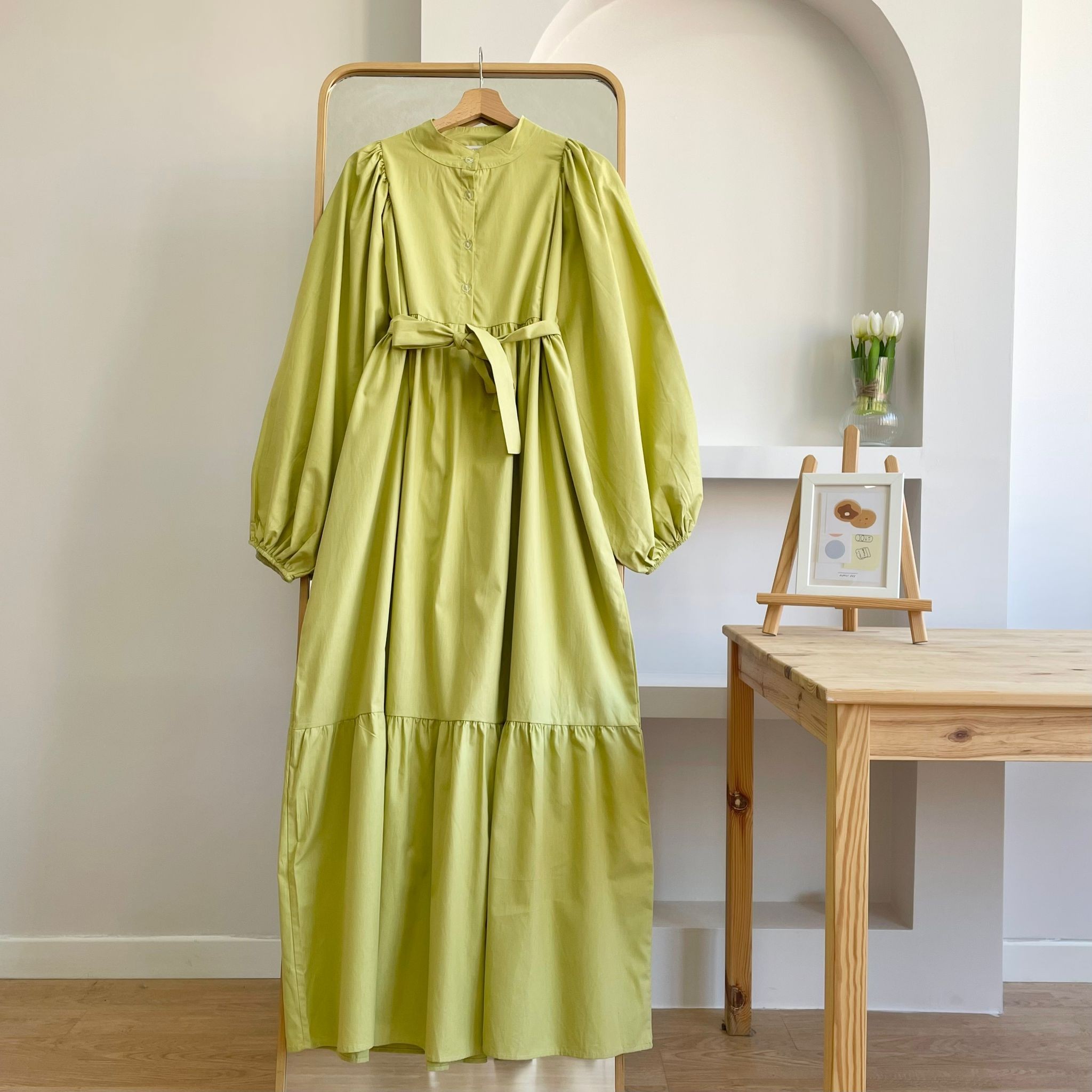 Balon Kol Düğmeli Elbise - Fıstık Yeşili