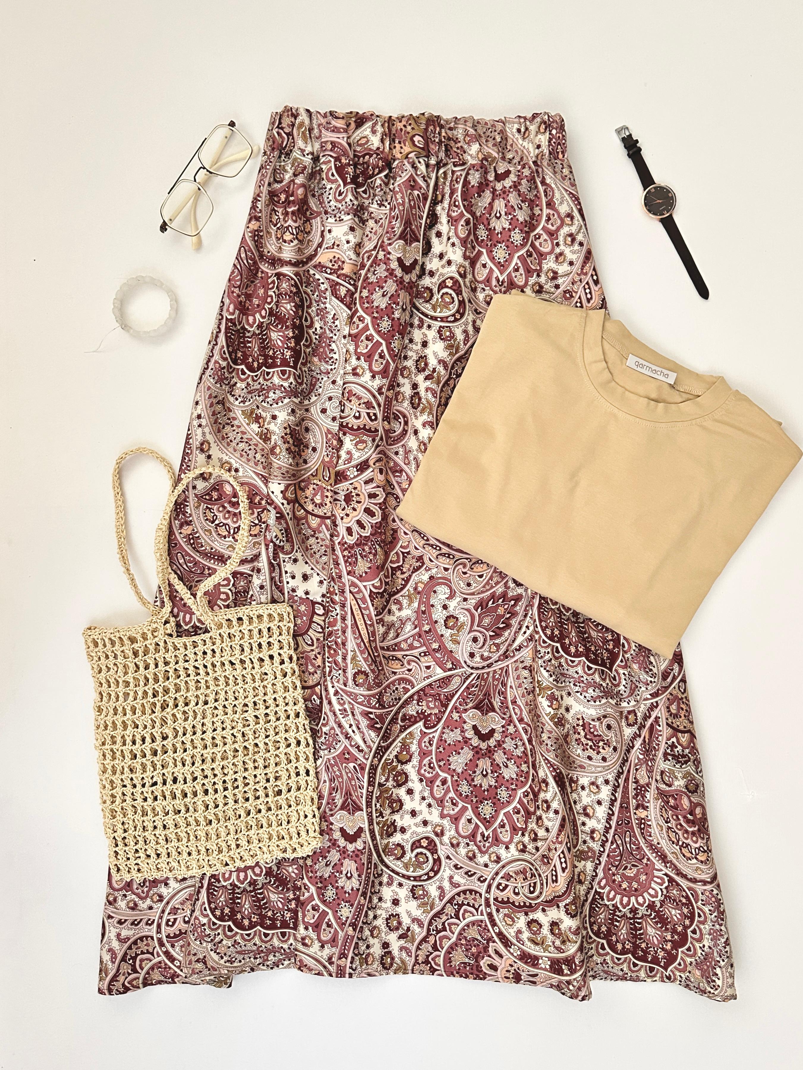 Penye Body & Etnik Desenli Saten Kloş Etek - Üst Açık Camel & Alt Bordo