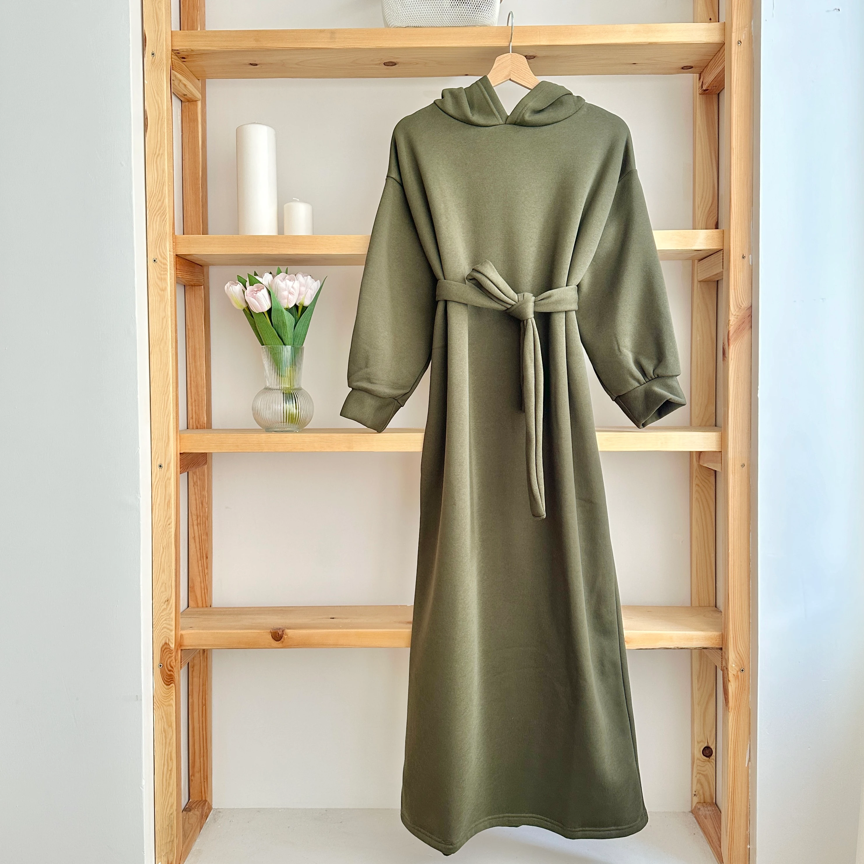 3 İplik Kapüşonlu Sweat Elbise - Haki Yeşili