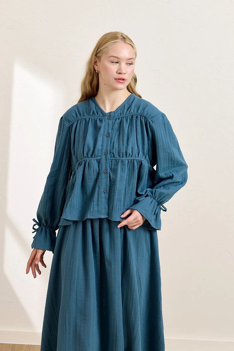 Müslin katlı bluz ve kloş etek - Koyu indigo