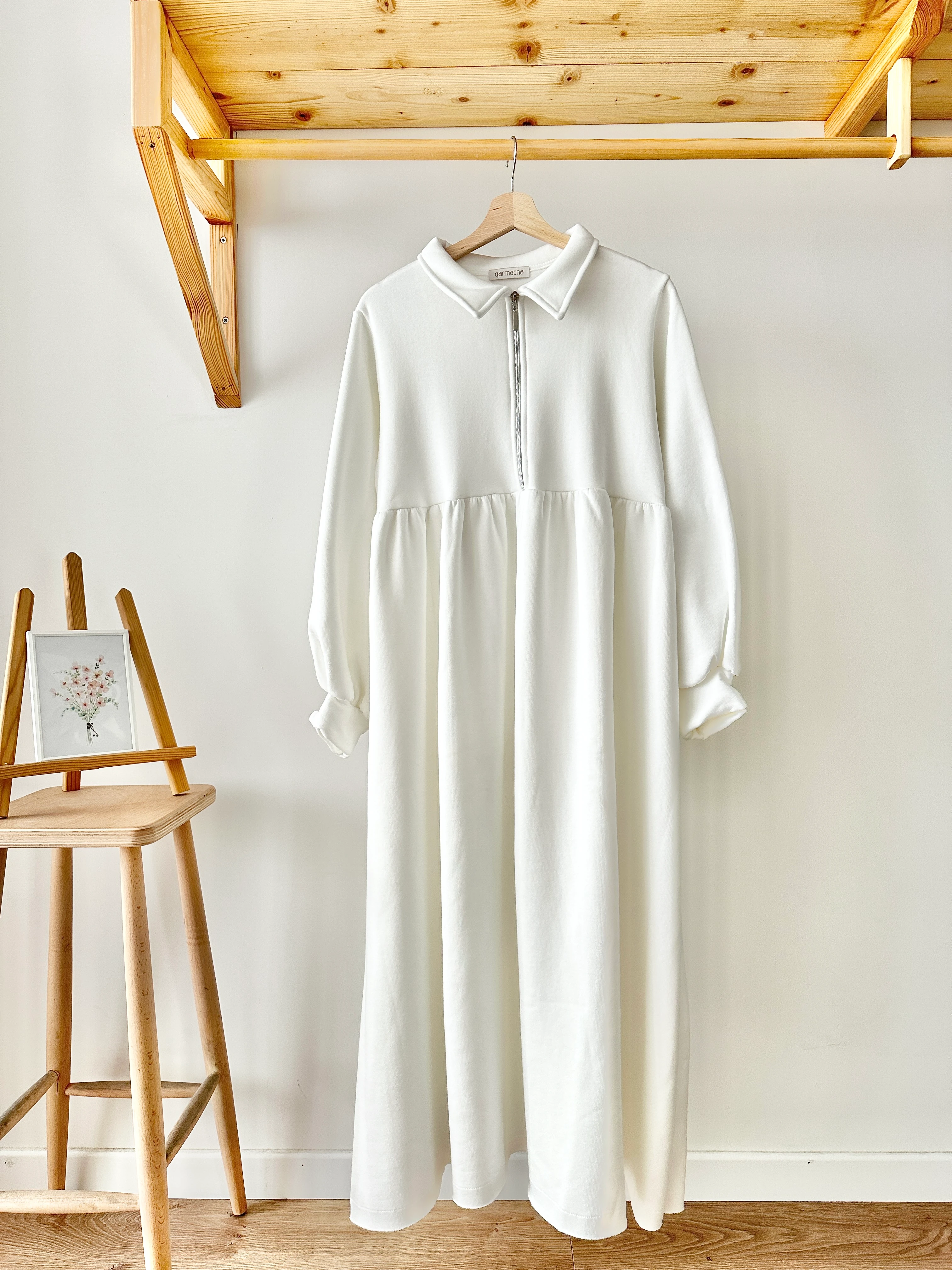 3 İplik Robalı Elbise - Ekru