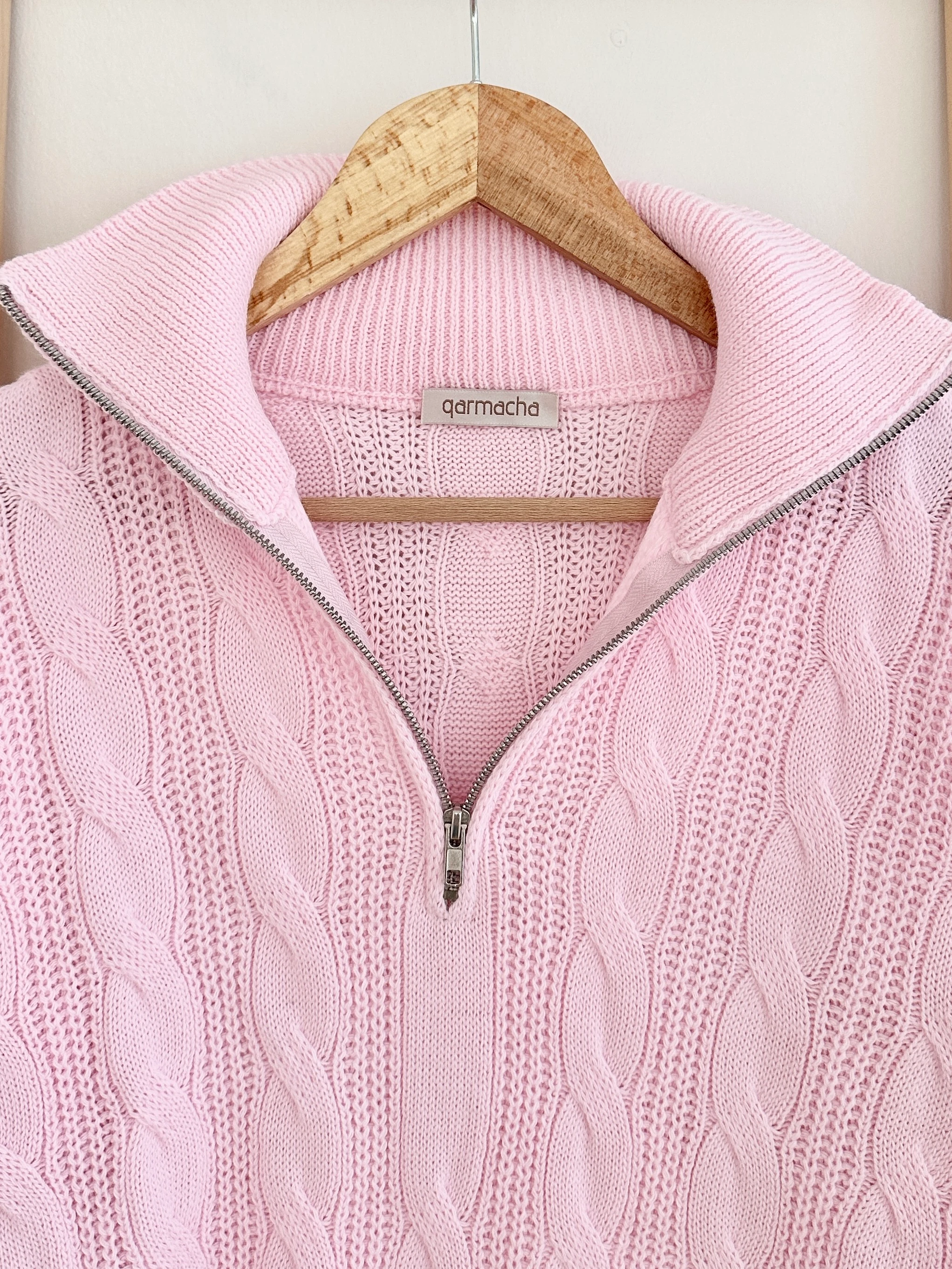 Sarmaşık Desen Fermuarlı Crop Kazak - Pembe