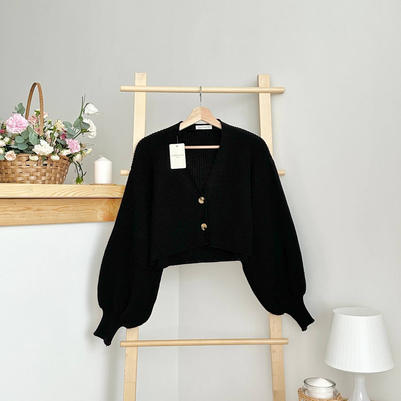 BALON KOL TRİKO CROP HIRKA - Siyah