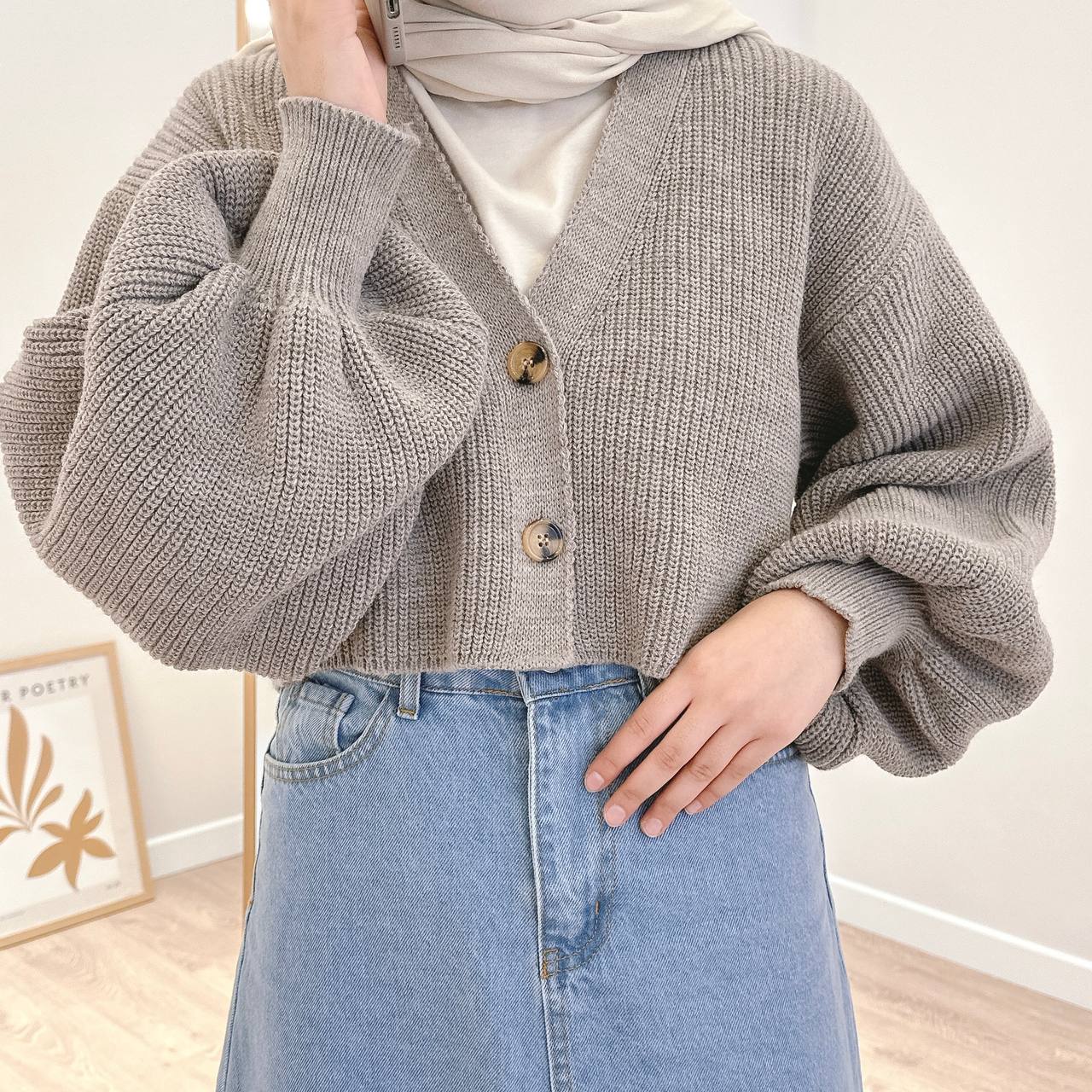 BALON KOL TRİKO CROP HIRKA - Açık Gri