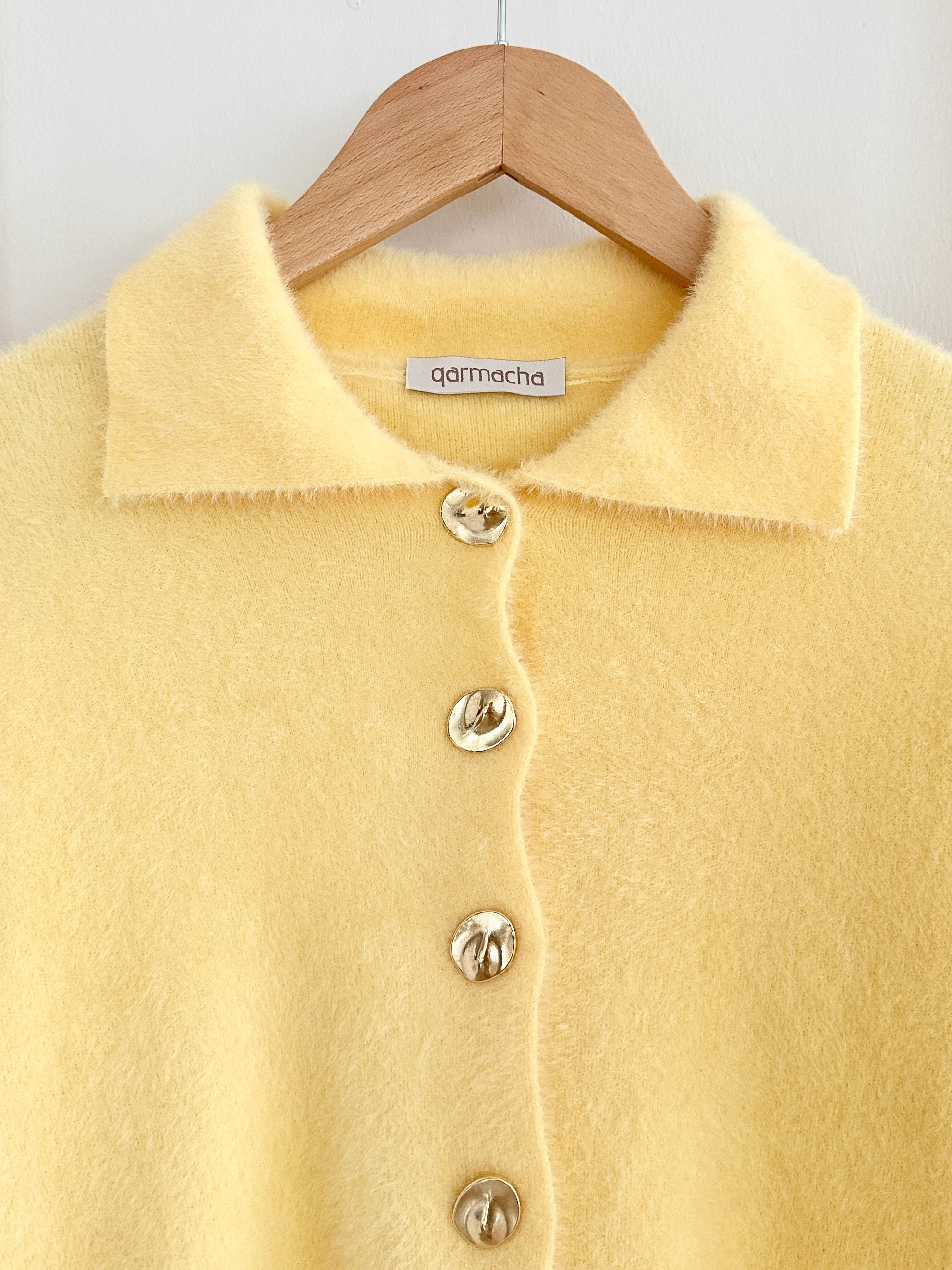 Polo Yaka Peluş Hırka - Limon Sarısı