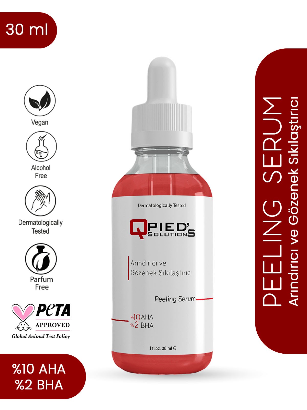 Qpied's Solutions Canlandırıcı ve Cilt Tonu Eşitleyici Yüz Peeling Serum (Aha 10% + Bha 2%) 30ML