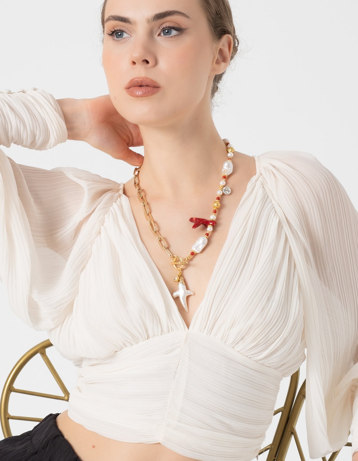 İnci Ve Gold Zincirli Kolye