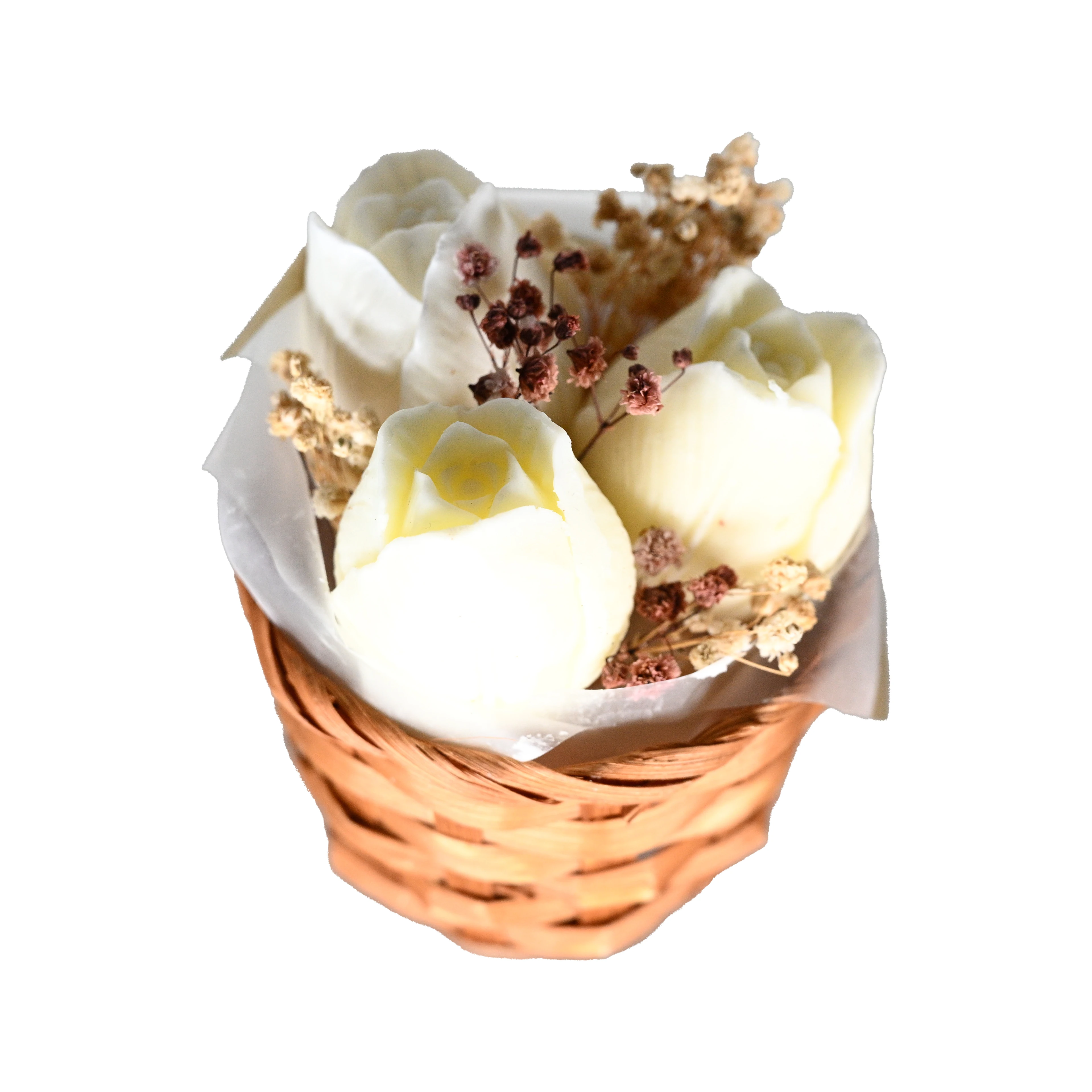 Sepetli Çiçek  Buketi  Mum ( BEYAZ DÜŞ MUM