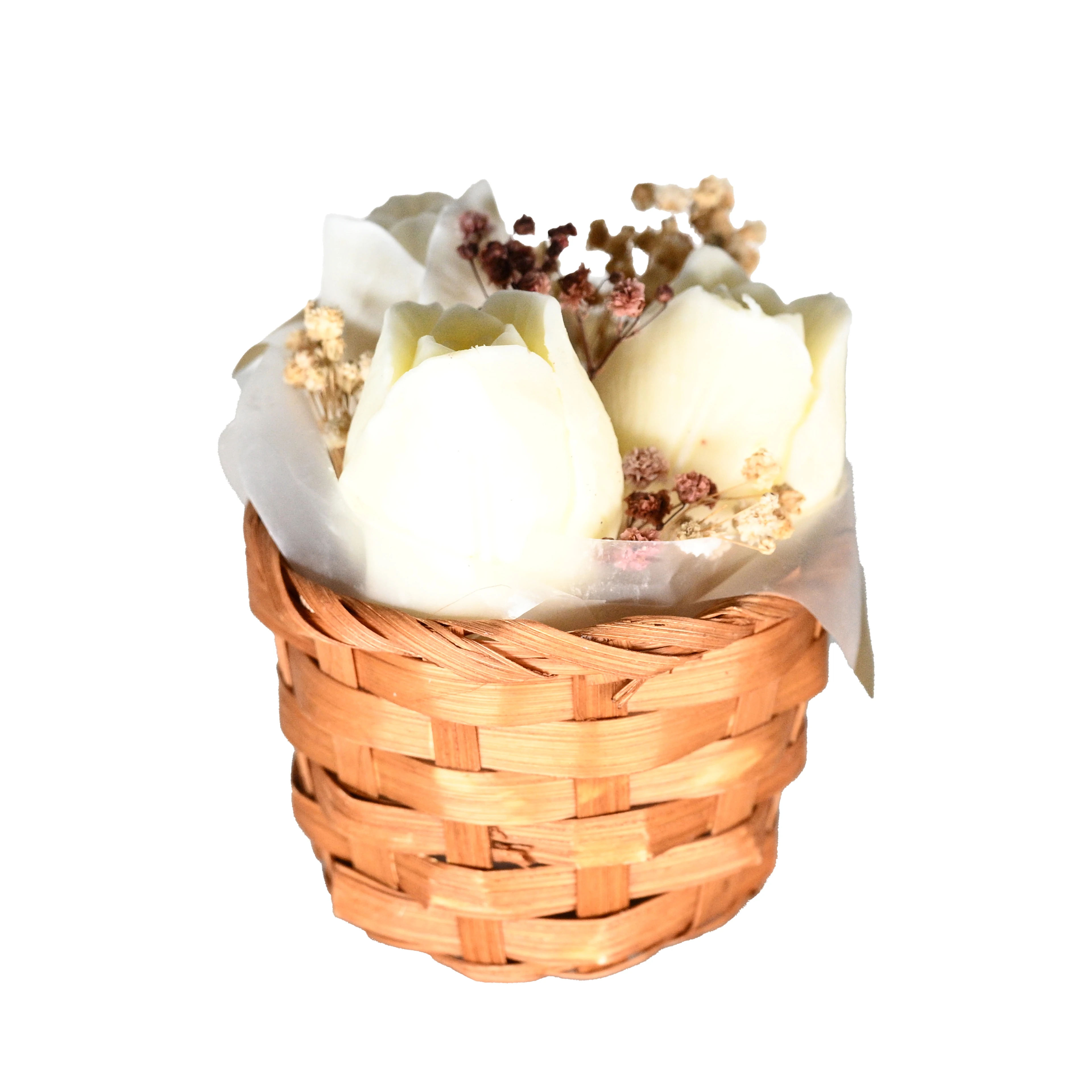 Sepetli Çiçek  Buketi  Mum ( BEYAZ DÜŞ MUM