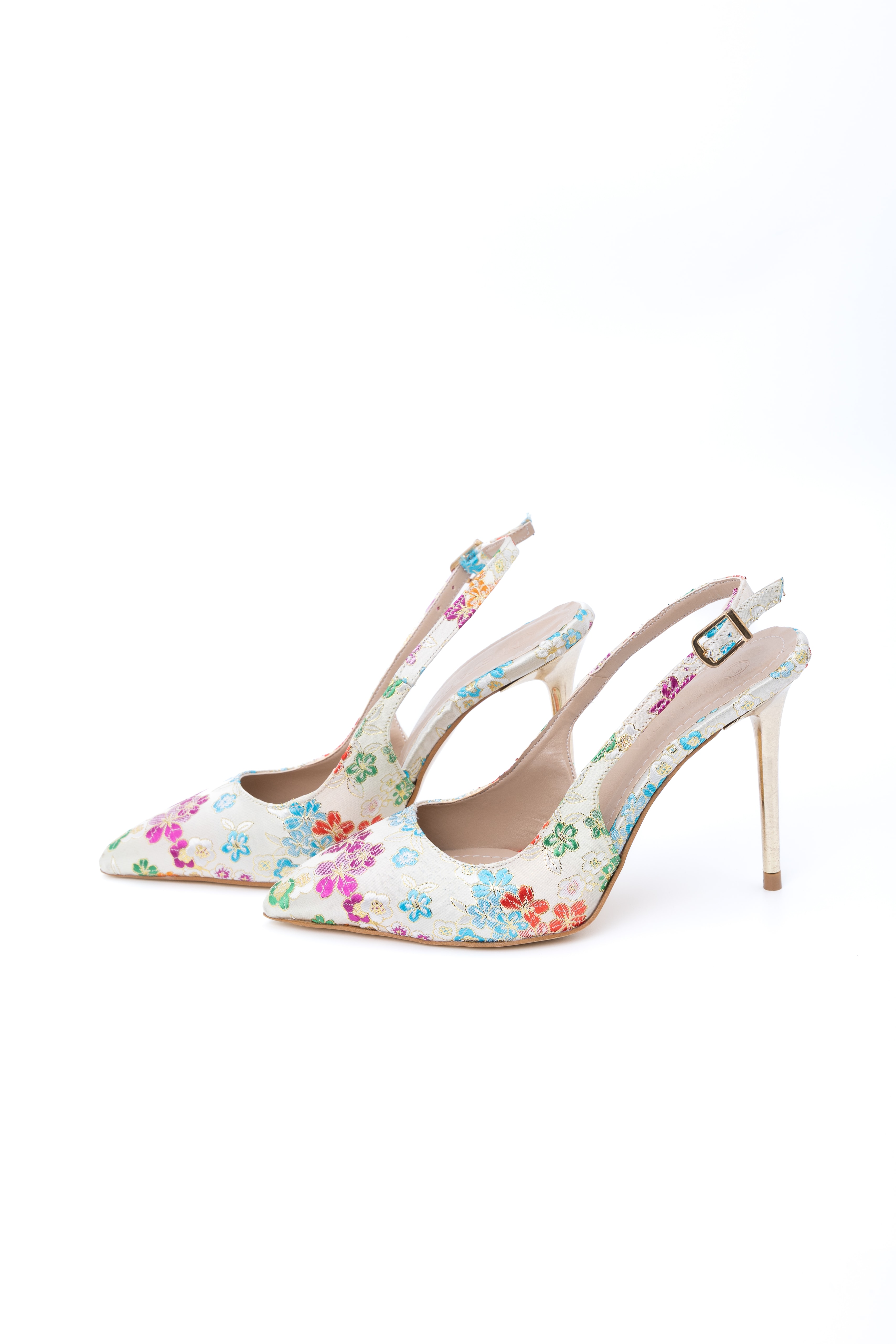 Oliva Çiçek Desenli Gold Topuklu Ayakkabı