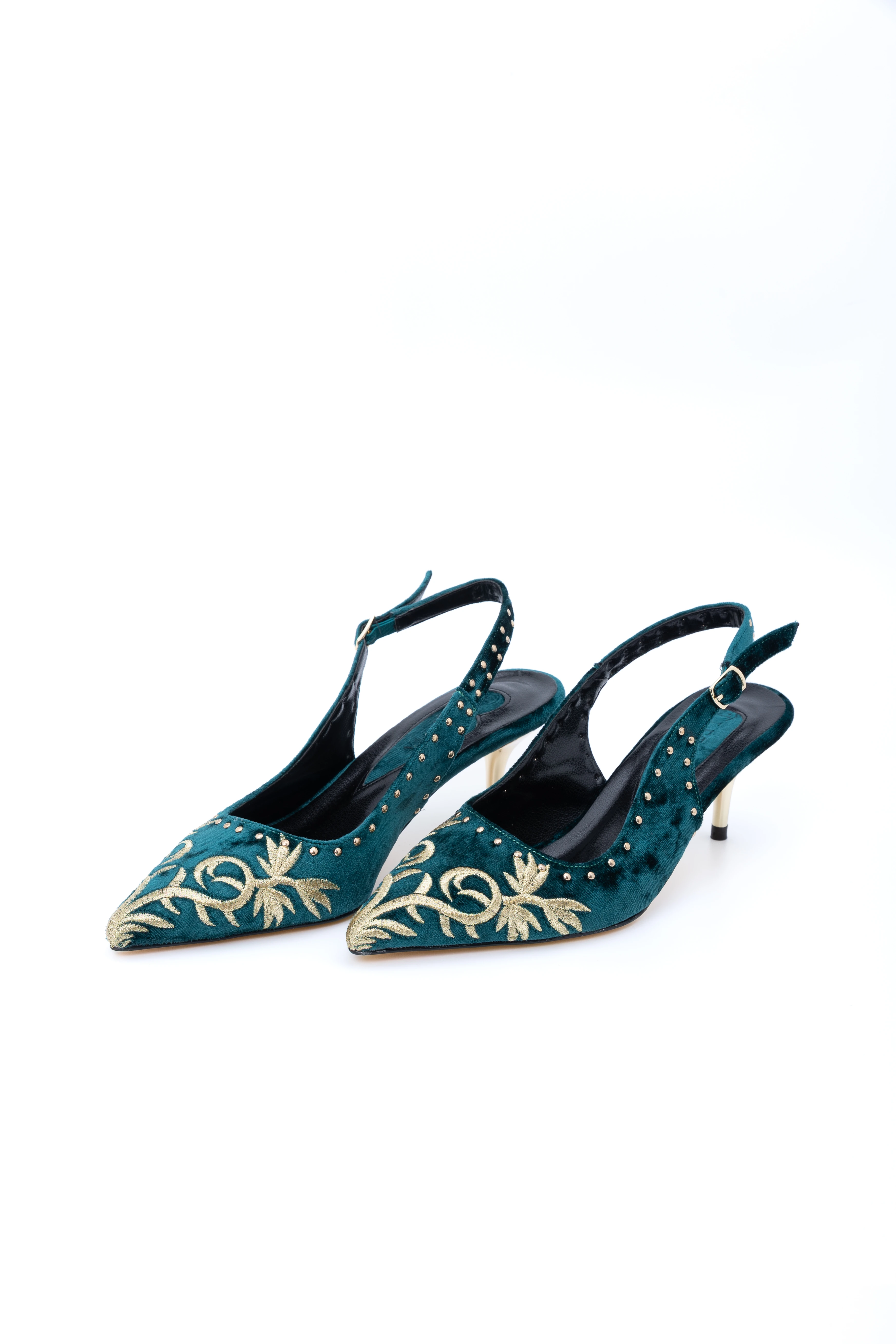 Firuze Nakış Detaylı Kısa Topuklu Ayakkabı - zümrüt yeşi̇li̇