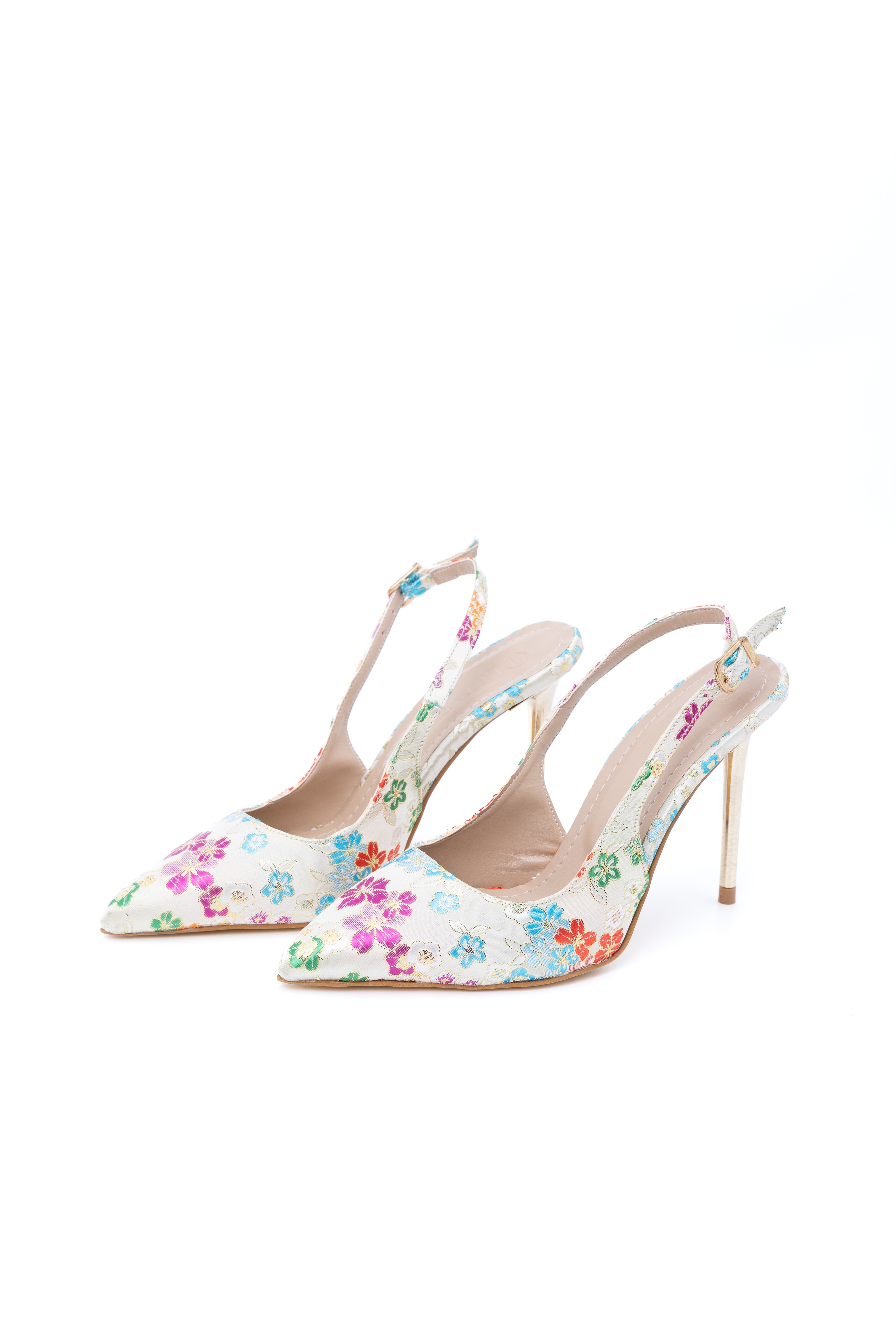 Oliva Çiçek Desenli Gold Topuklu Ayakkabı