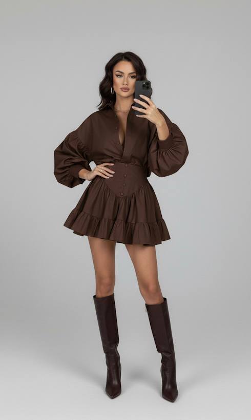 Siyah Balon Kol Gömlek Elbise - Kahverengi main variant image