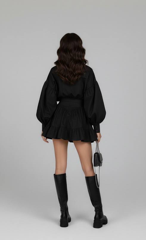 Siyah Balon Kol Gömlek Elbise - Siyah main variant image