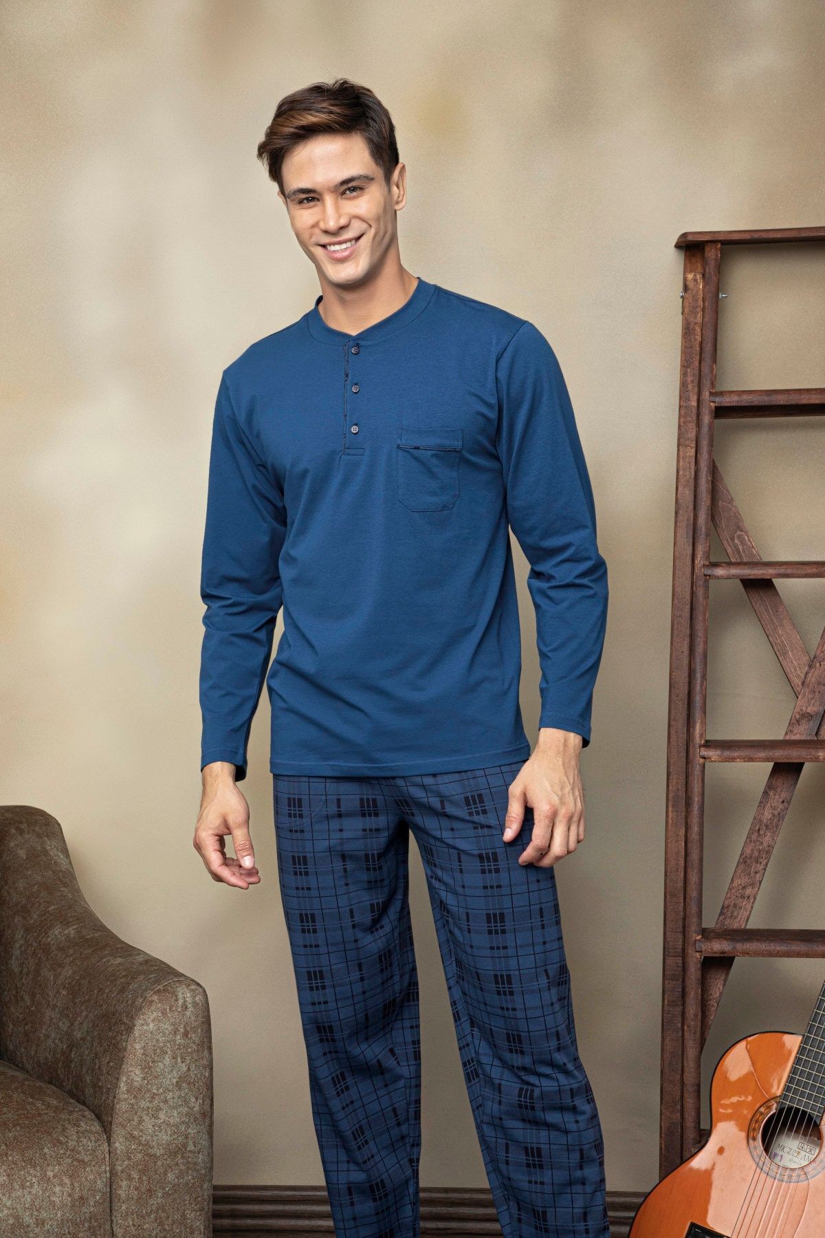Ekose Desenli Uzun Kollu Çok Rahat Pamuk Pijama