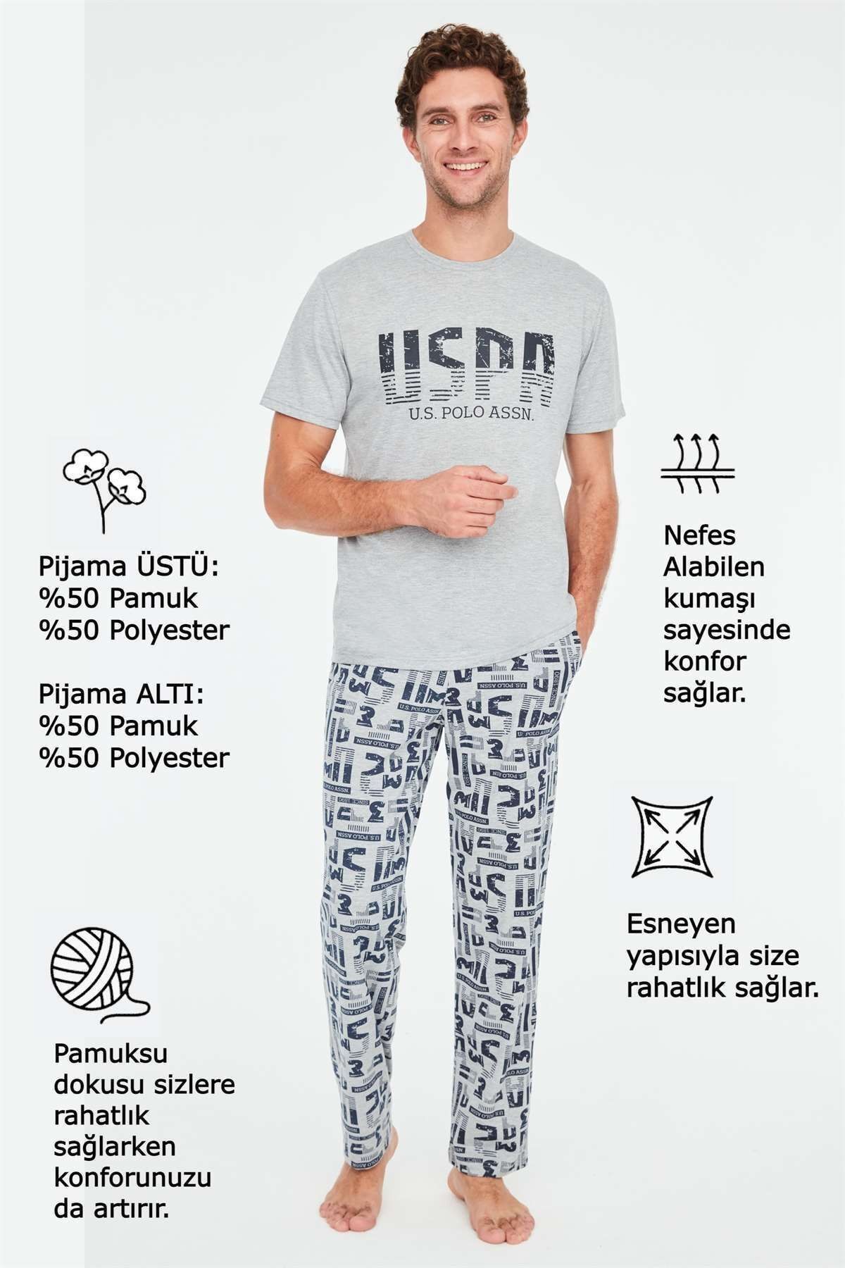 - Erkek Gri Melanj Yuvarlak Yaka Pijama Takımı