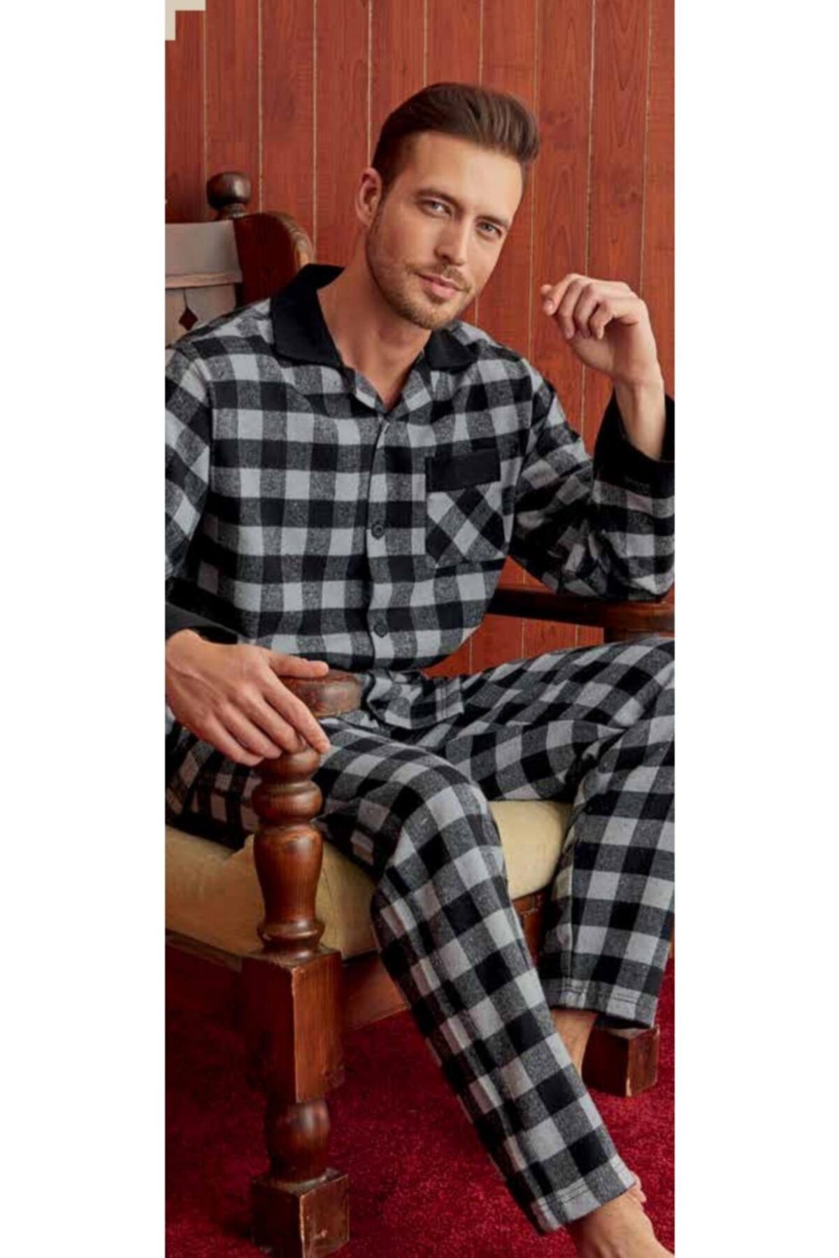 Erkek Apaj Yaka Boydan Düğmeli Gri Yünlü Uzun Pijama Takımı