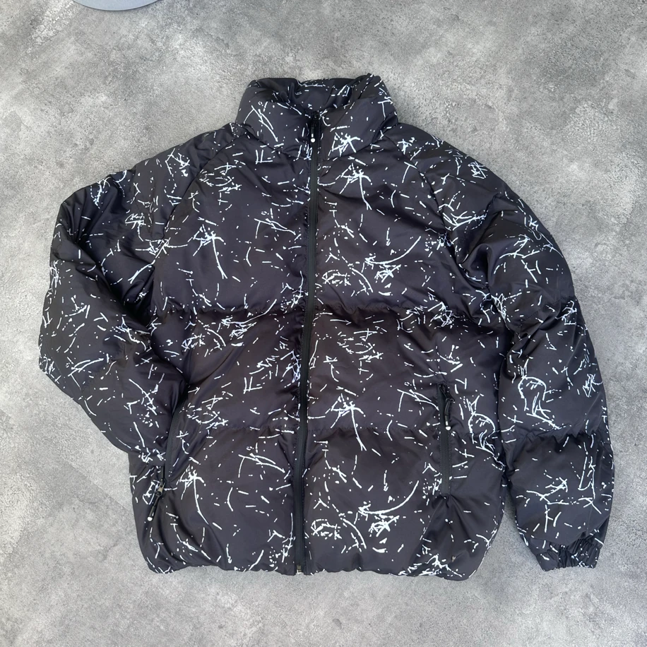 Oversize Siyah Beyaz Baskı Şişme Mont