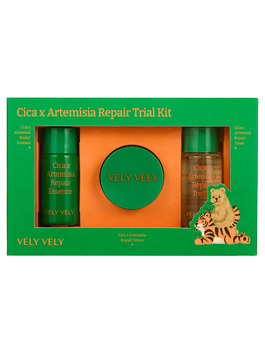 Vely Vely Cica X Artemisia Repair Trial Kit 10+7+7 ml Pelin otu ve centella özü içeren seyahat seti: toner + esans + krem