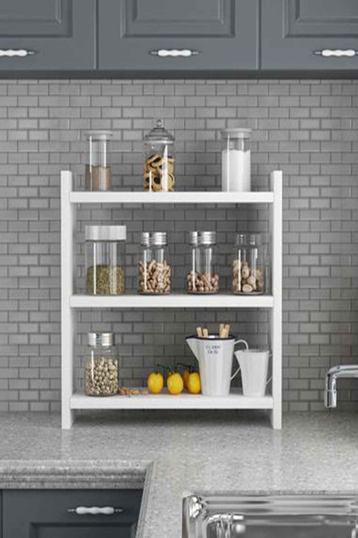 Beyaz Renk 3 Katlı Modern Ahşap Mdf Tezgah Üstü Mutfak Baharatlık Rafı