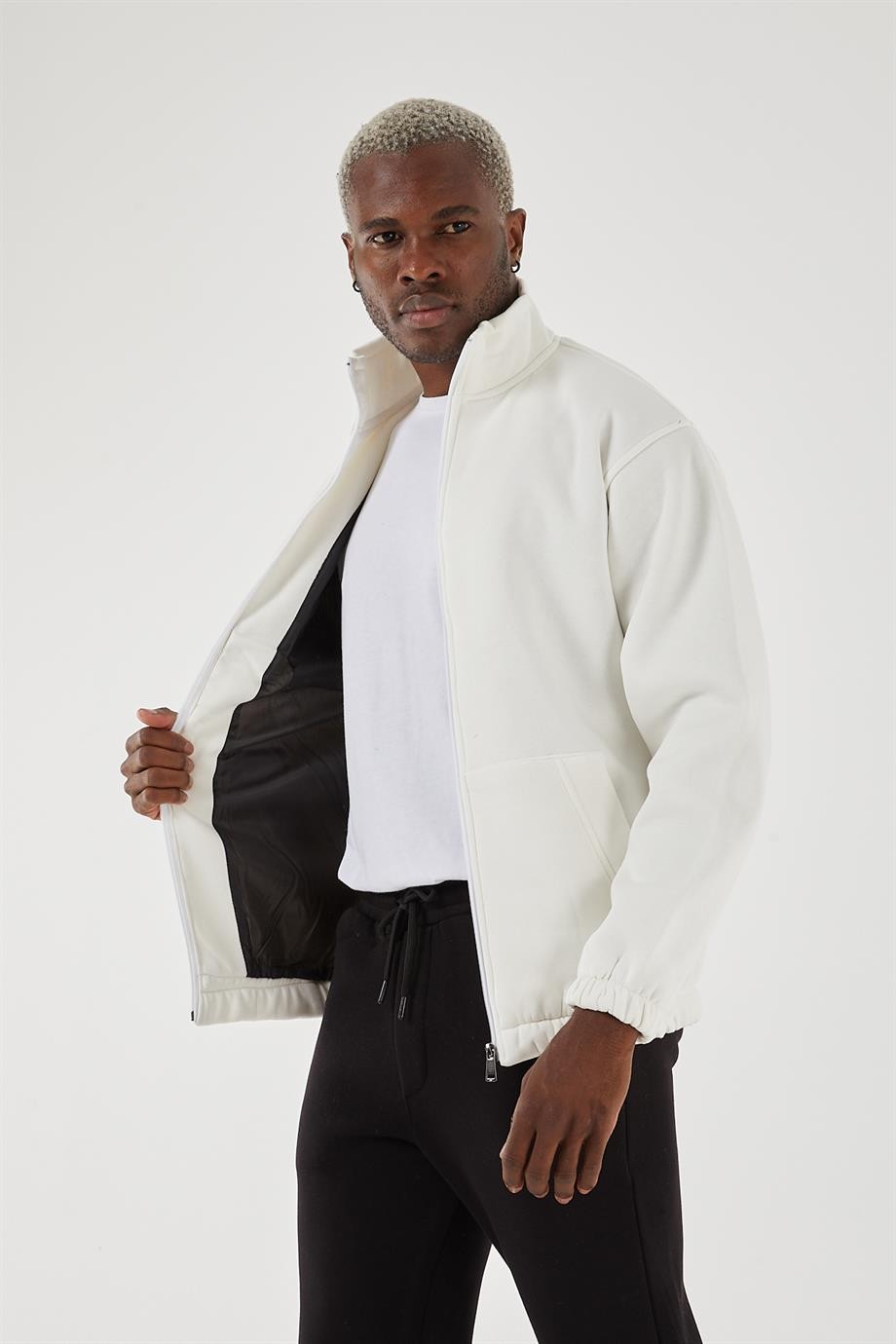 Beyaz Yarım Boğazlı Tam Fermuarlı 3 İplik Şardonlu Sweatshirt