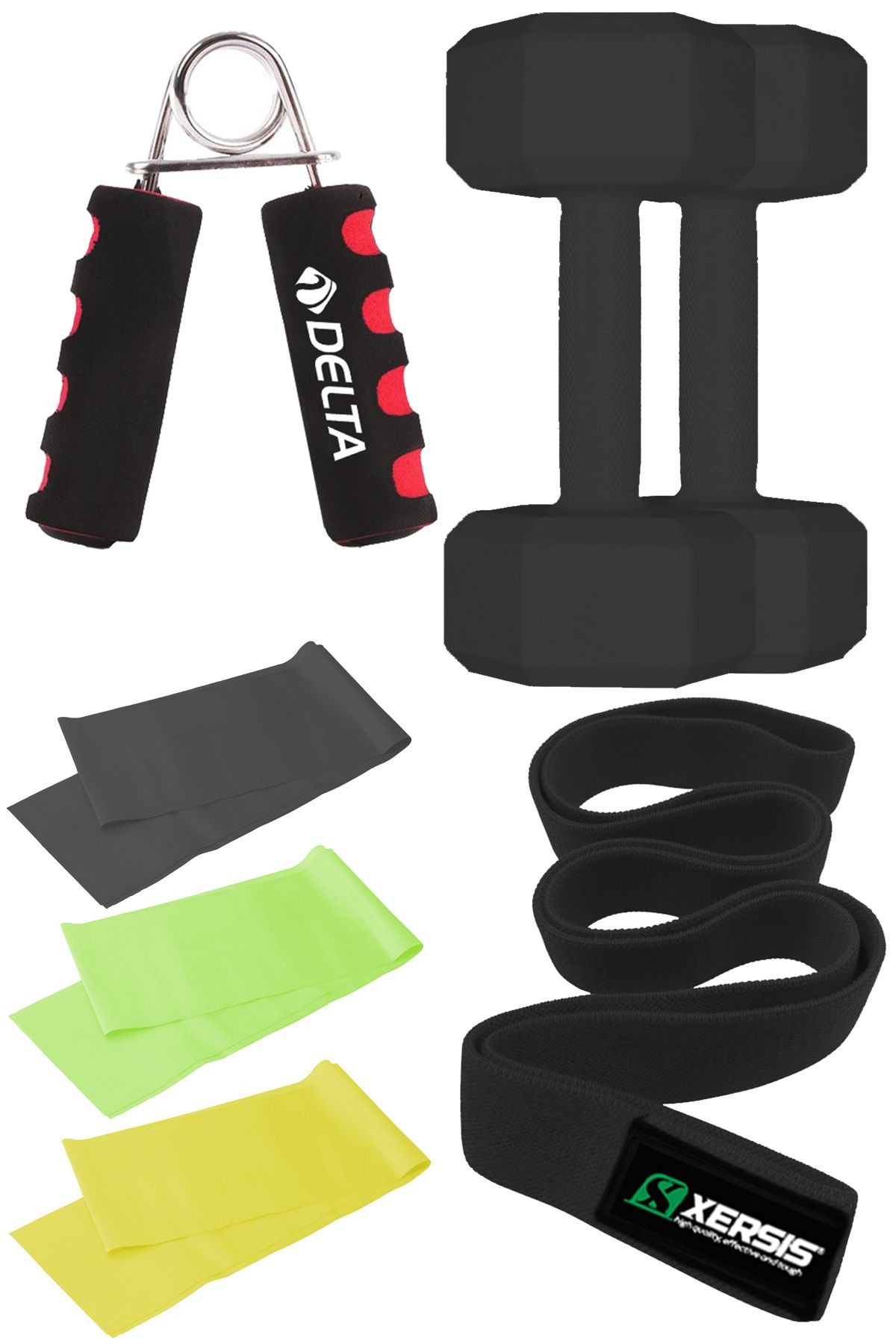 Loop Bant, 3 Adet Orta Sert Pilates Lastiği, El Yayı ve 1kg x 2 Adet Dambıl Seti - Tam Egzersiz